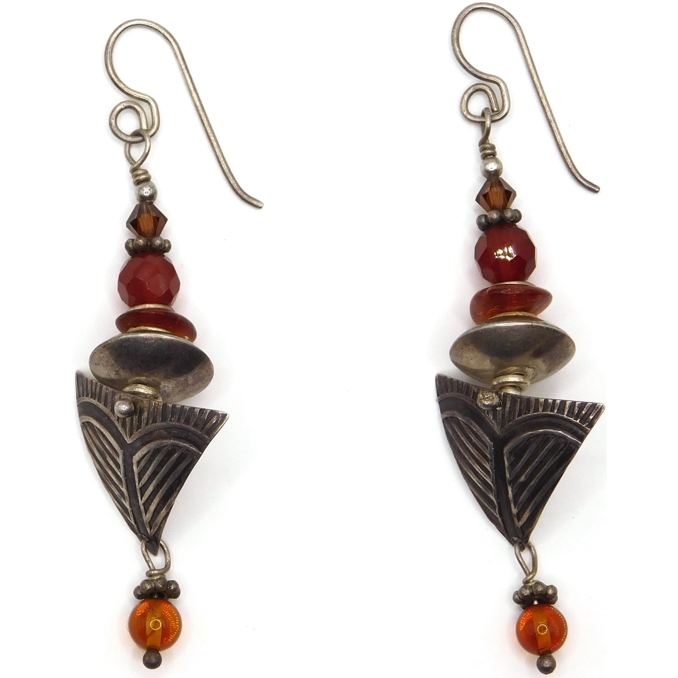 TRIBAL STERLING SILVER CARNELIAN & AMBER GLASS ARROW EARRINGS
