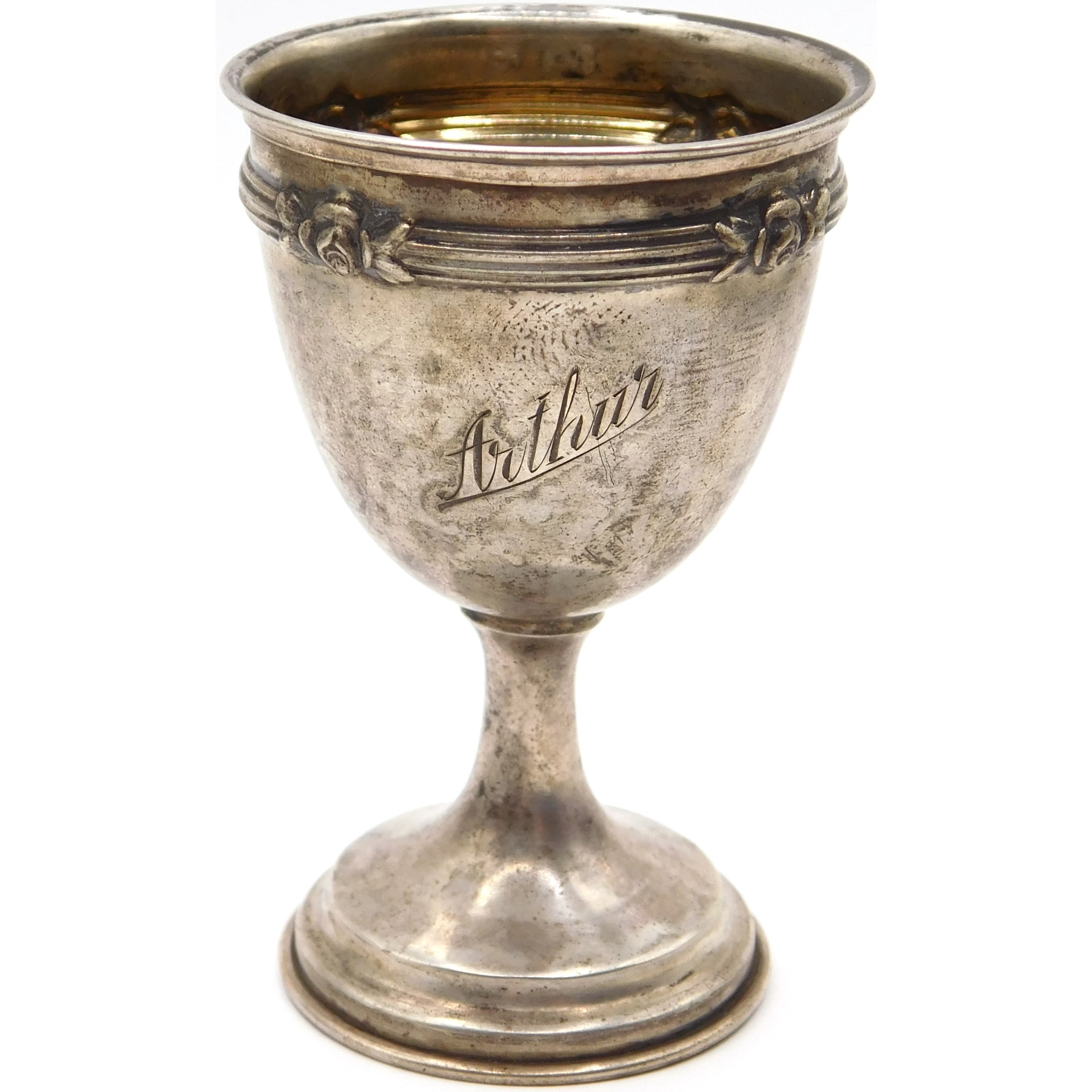 ANTIQUE STERLING SILVER "ARTHUR" ENGRAVED GOBLET WITH ROSE MOTIF