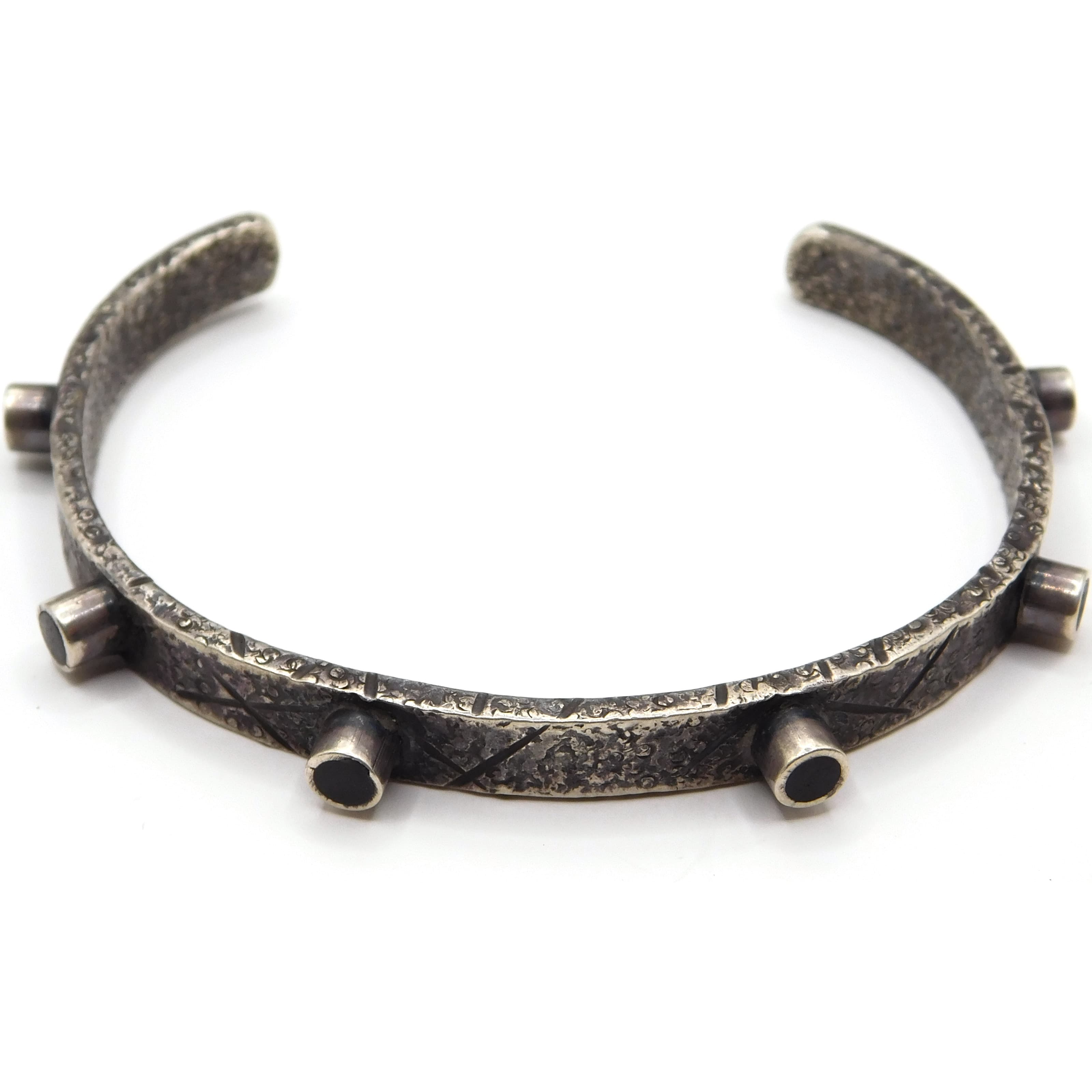 RUSTIC HAMMERED STERLING SILVER STUDDED CUFF BRACELET WITH MAKER'S MARK