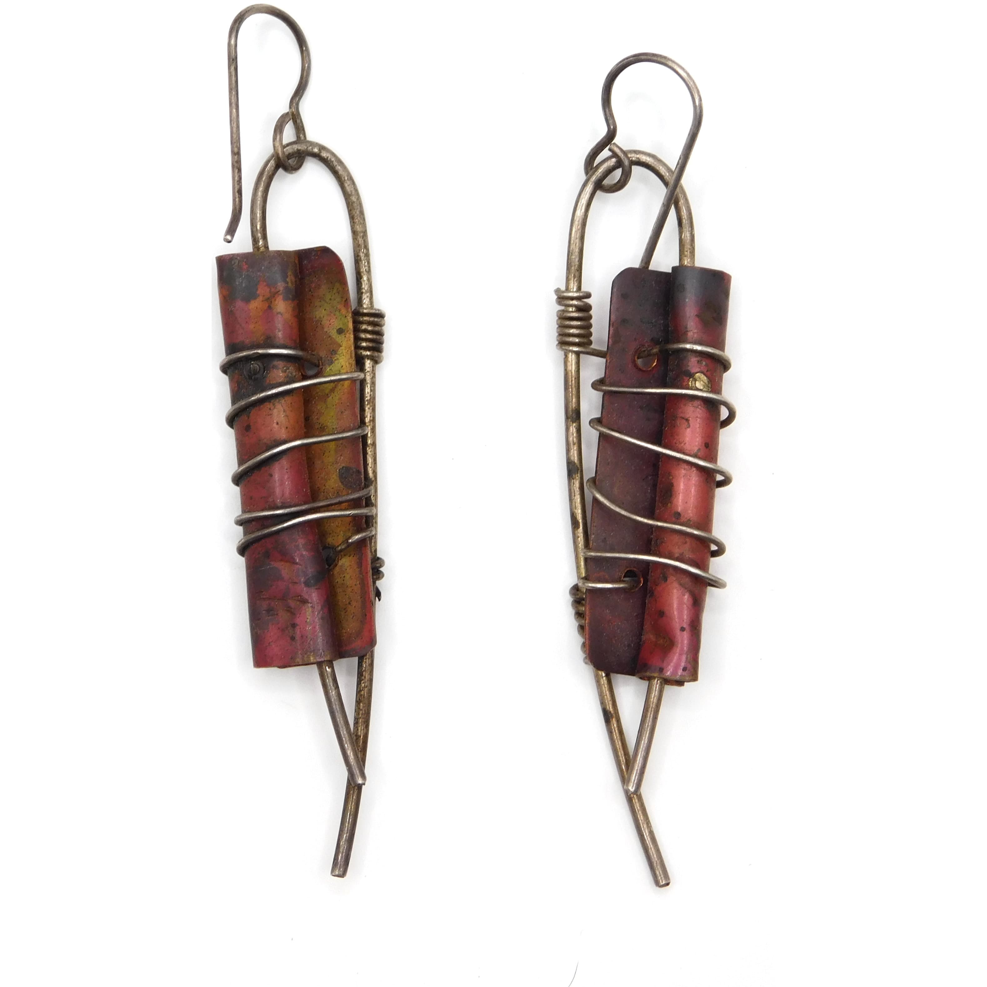 RUSTIC COPPER STERLING SILVER WIRE-WRAPPED PATINA DANGLE EARRINGS