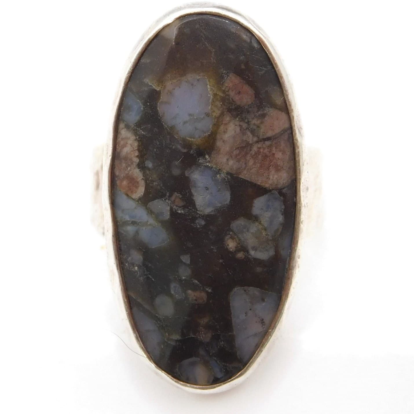RUSTIC BRECCIATED JASPER STERLING SILVER STATEMENT RING, HAMMERED BAND