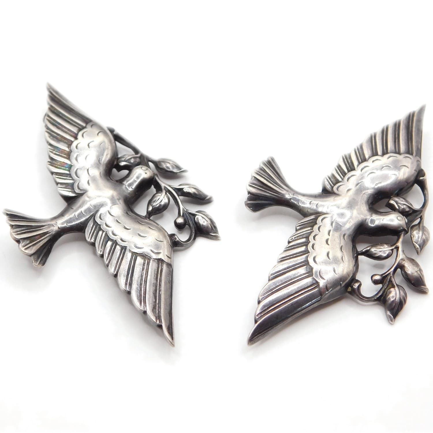 PAIR OF WWII STERLING SILVER SWALLOW BROOCHES WITH OLIVE BRANCH