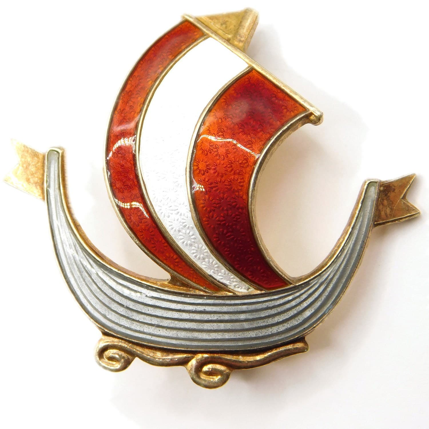 VINTAGE NORWEGIAN STERLING SILVER ENAMEL VIKING SHIP BROOCH GILT AKSEL HOLMSEN