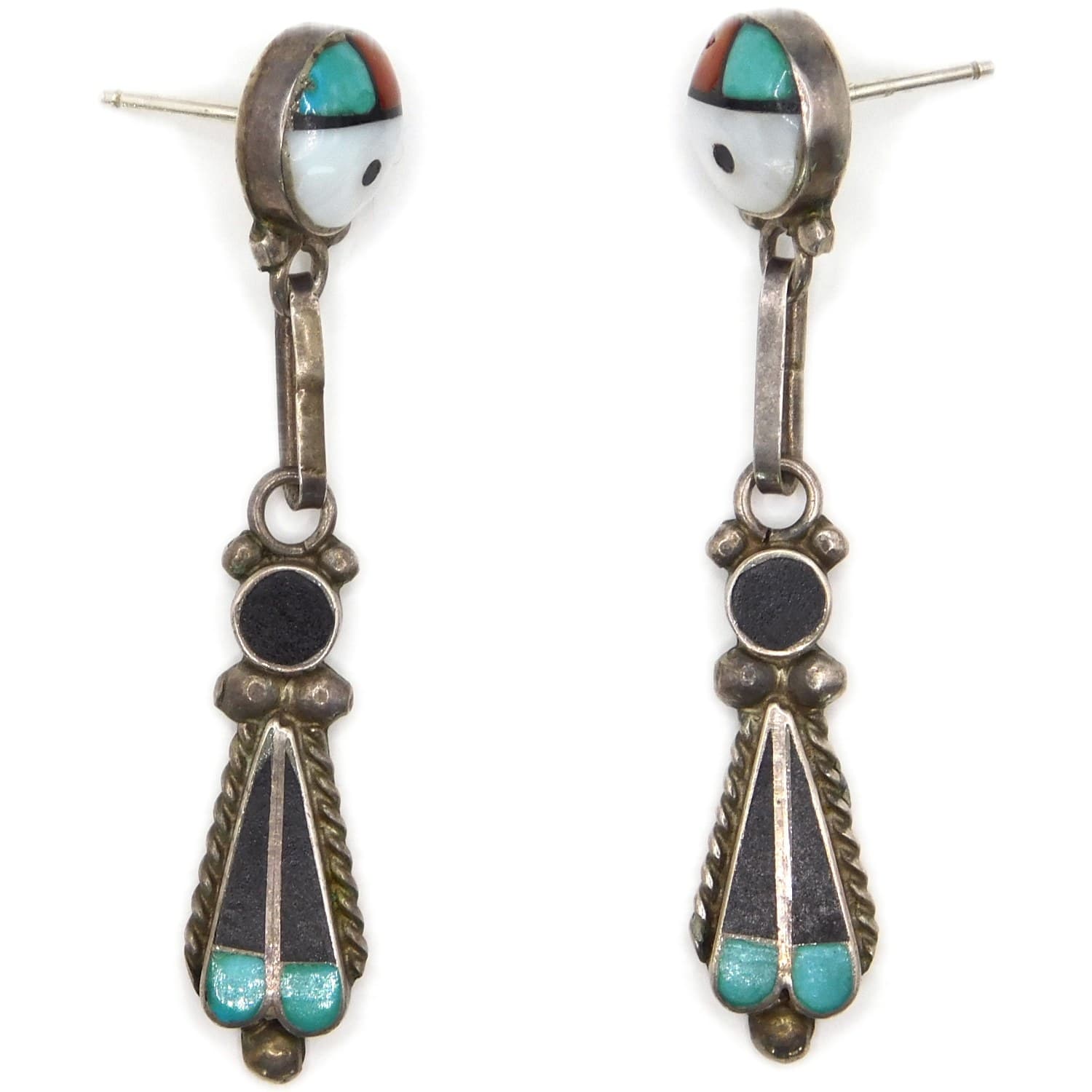 ZUNI-STYLE SUNFACE STERLING SILVER MULTI-STONE DANGLE EARRINGS