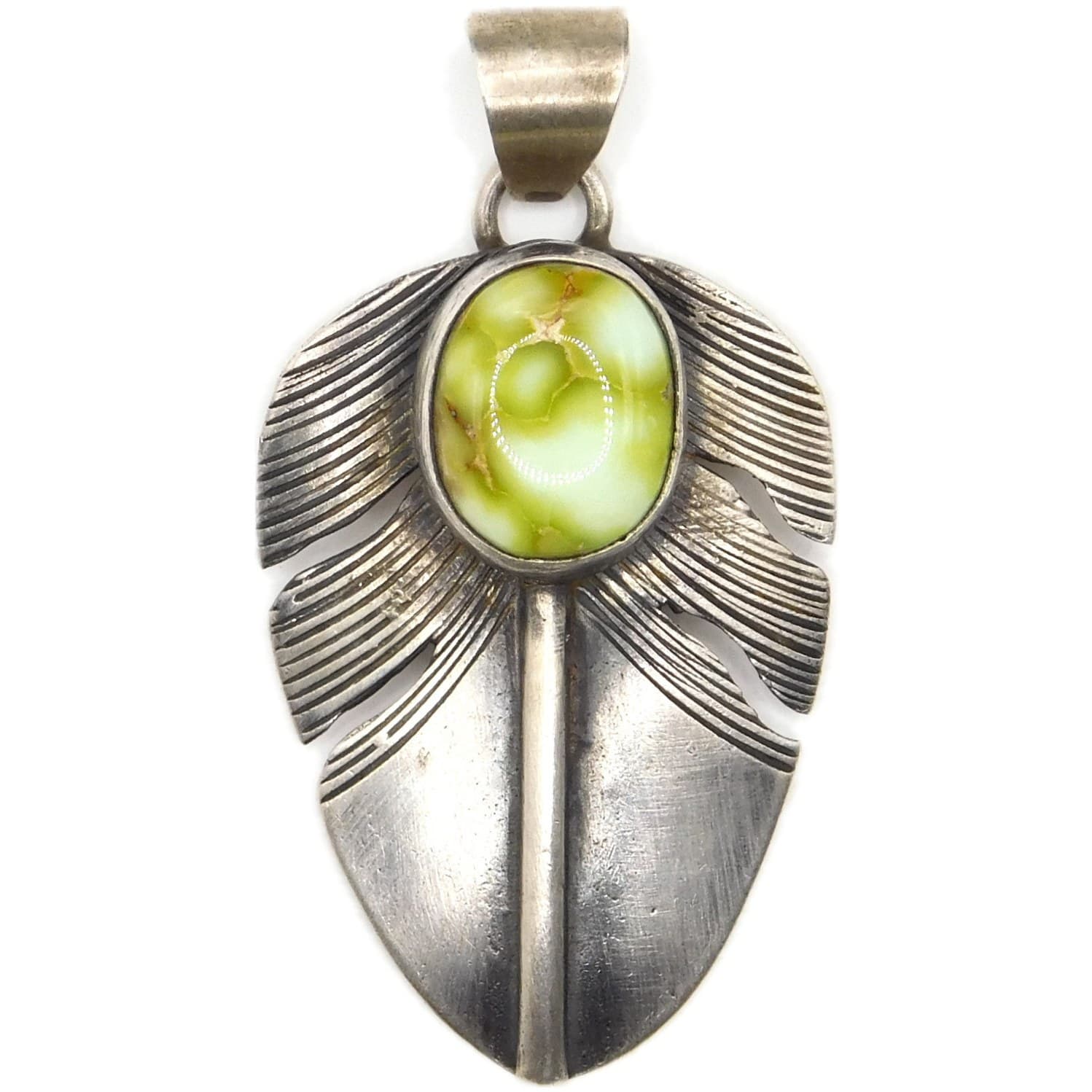 SIGNED STERLING SILVER FEATHER PENDANT PALOMINO VARISCITE D. WYLIE