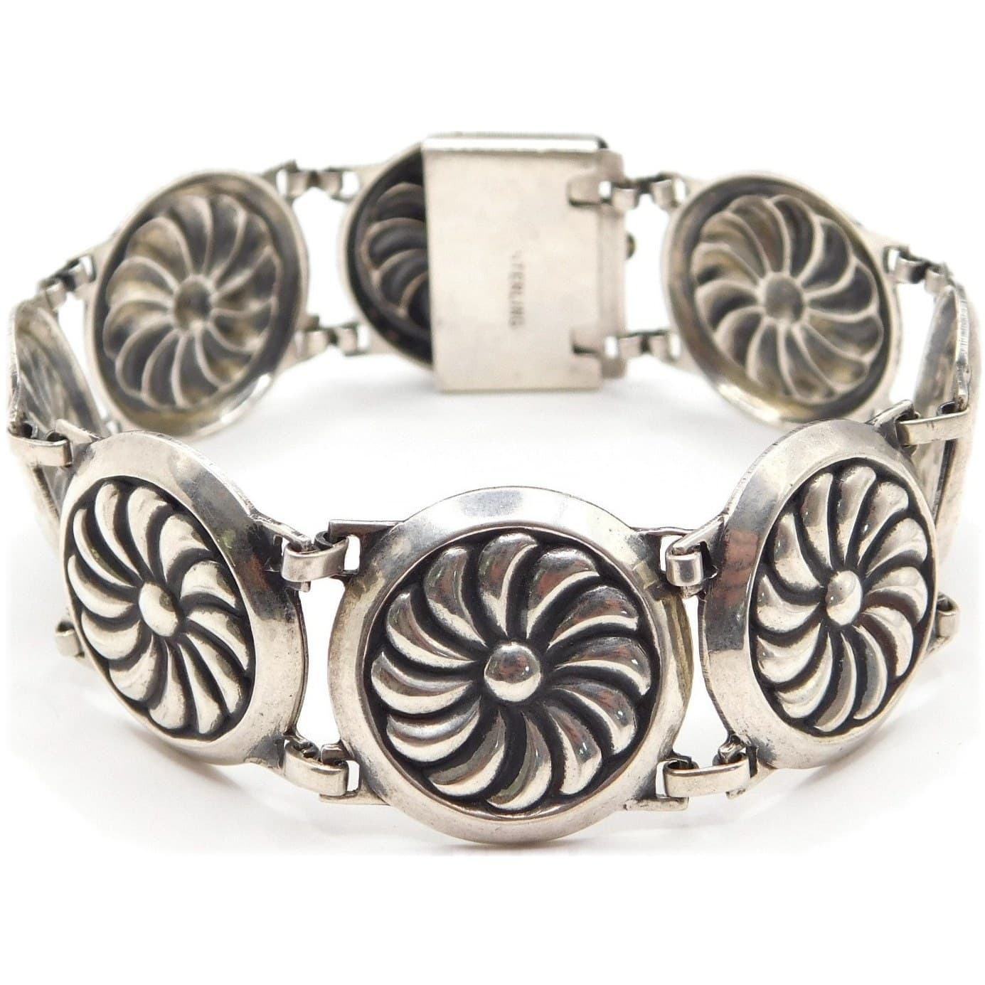 SWIRLING ART DECO PINWHEEL STERLING SILVER REPOUSSÉ LINK BRACELET