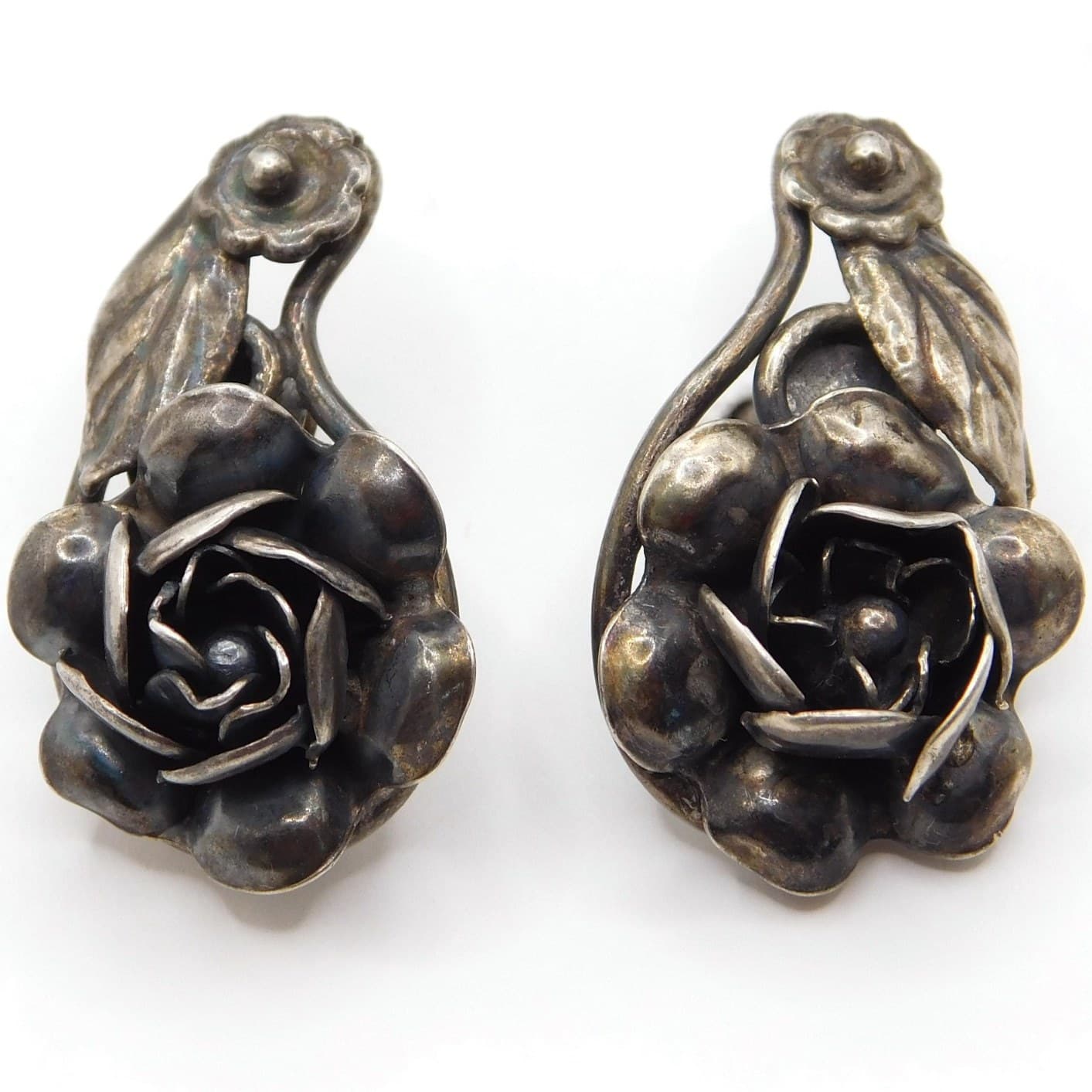 ROMANTIC STERLING SILVER ROSE FLOWER VINTAGE DROP EARRINGS