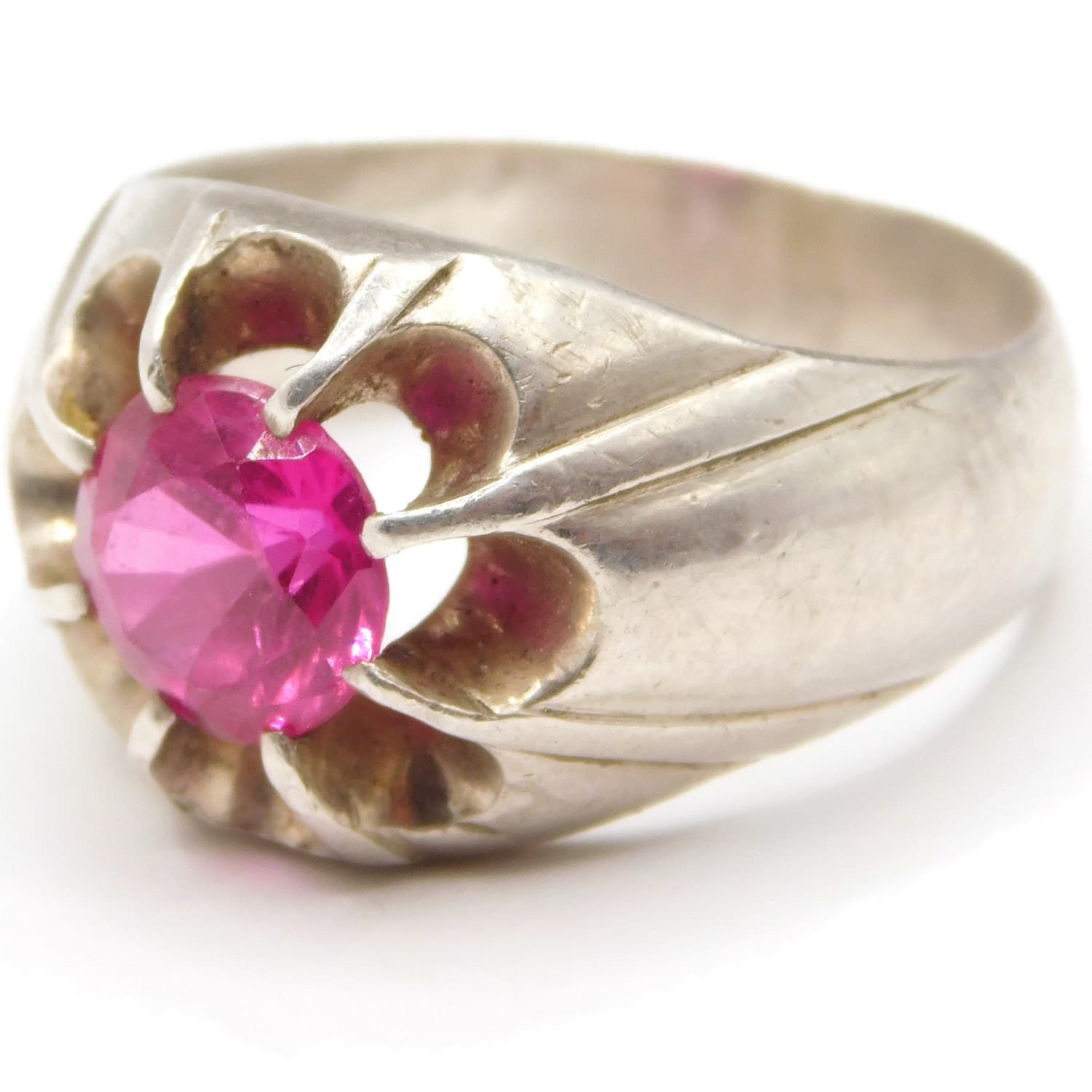 BOLD VINTAGE STERLING SILVER MEN'S RING WITH PINK LAB-CREATED RUBY