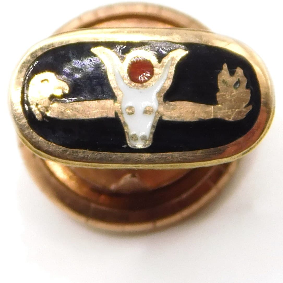 ANTIQUE 10K GOLD ENAMEL WESTERN CATTLE MOTIF SHIRT STUD - MORGAN S.F.
