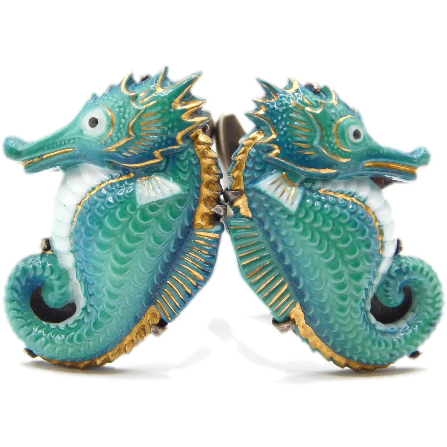 WHIMSICAL VINTAGE JAPANESE SEAHORSE ENAMEL CUFFLINKS, SILVER & ARITA PORCELAIN