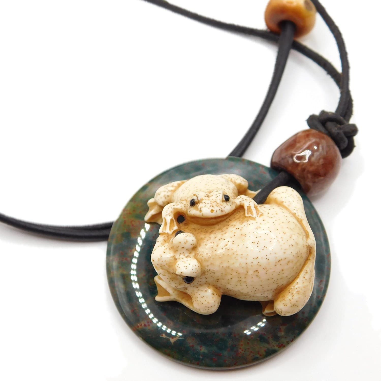 WHIMSICAL CARVED TAGUA NUT FROG PENDANT ON BLOODSTONE DISC NECKLACE