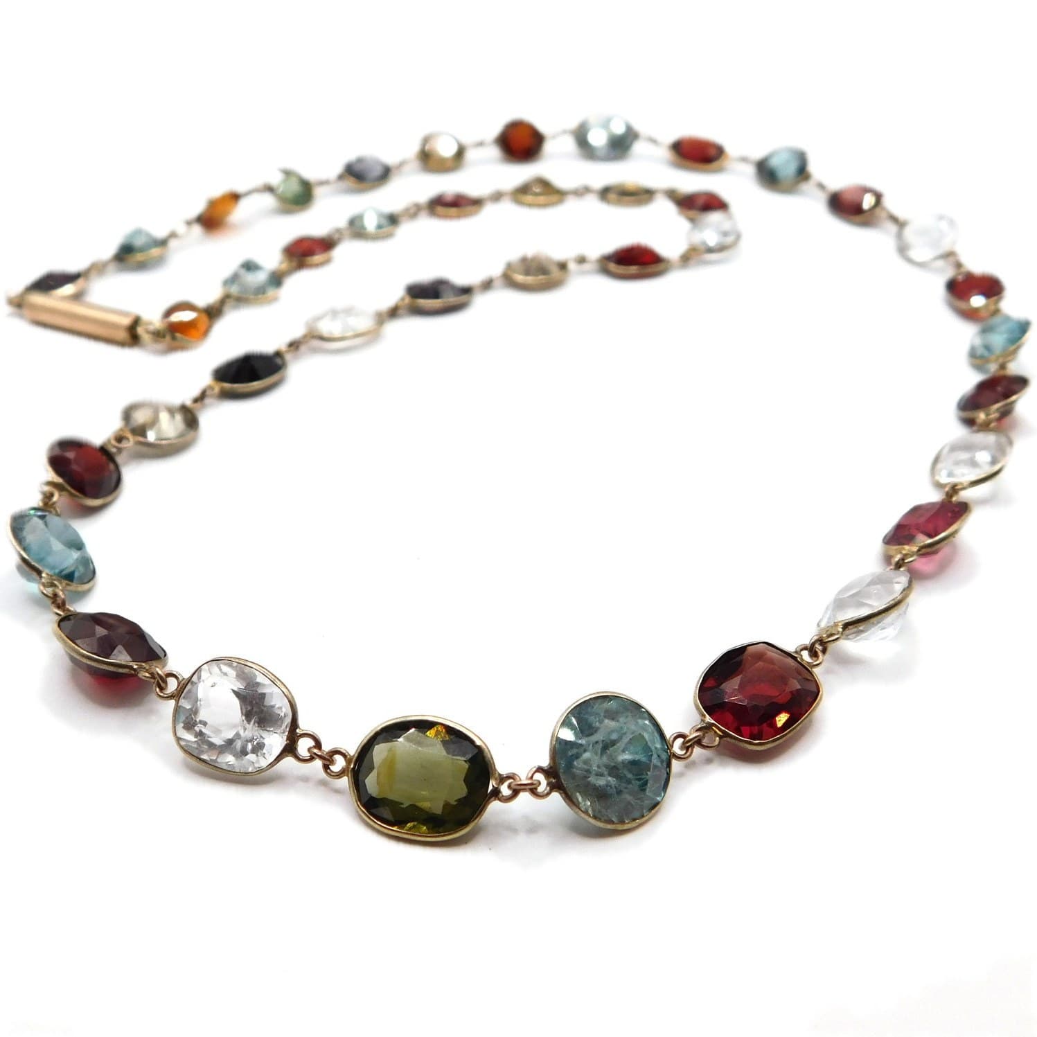 VICTORIAN 14K GOLD MULTI-GEMSTONE FRINGE NECKLACE WITH GARNET & TOPAZ WOW