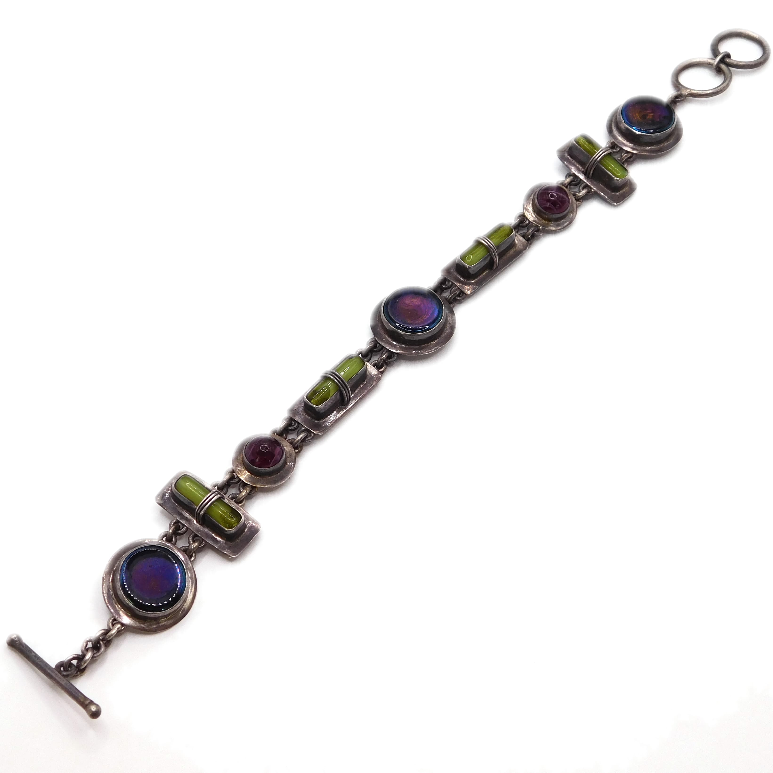 ARTISAN STERLING SILVER & IRIDESCENT ART GLASS TOGGLE BRACELET