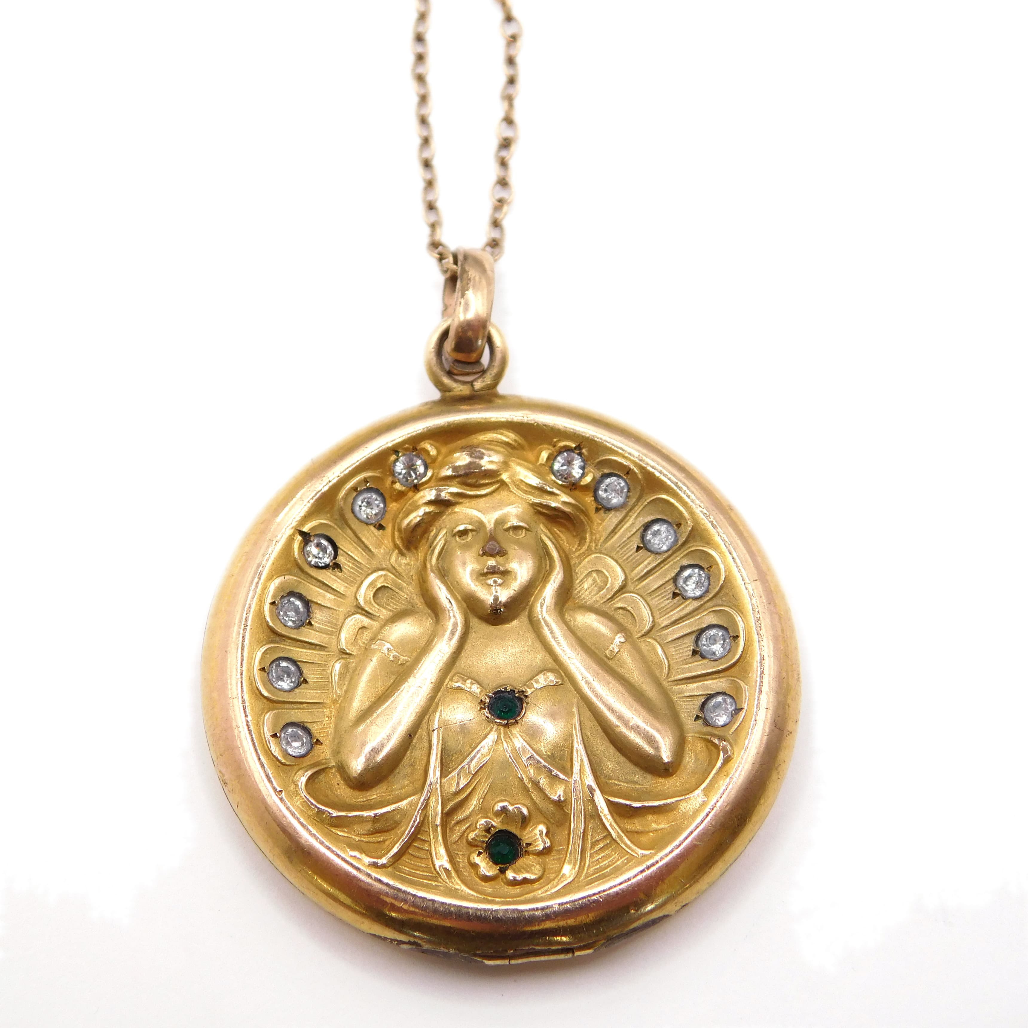 ART NOUVEAU MAIDEN LOCKET NECKLACE WITH PASTE STONES & GOLD FILL DETAIL