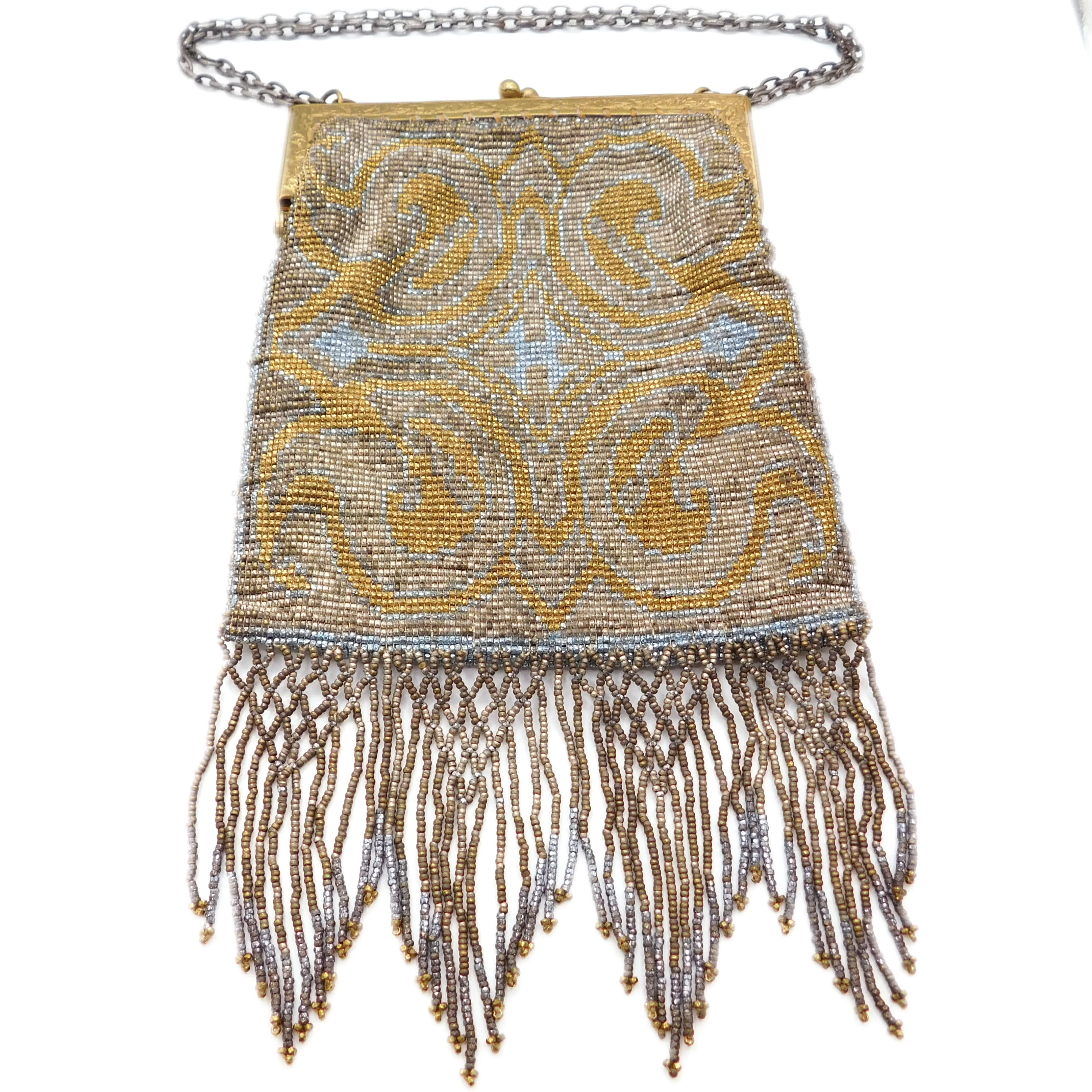 EXQUISITE ART NOUVEAU MICRO-BEADED FLAPPER PURSE WITH FRINGE