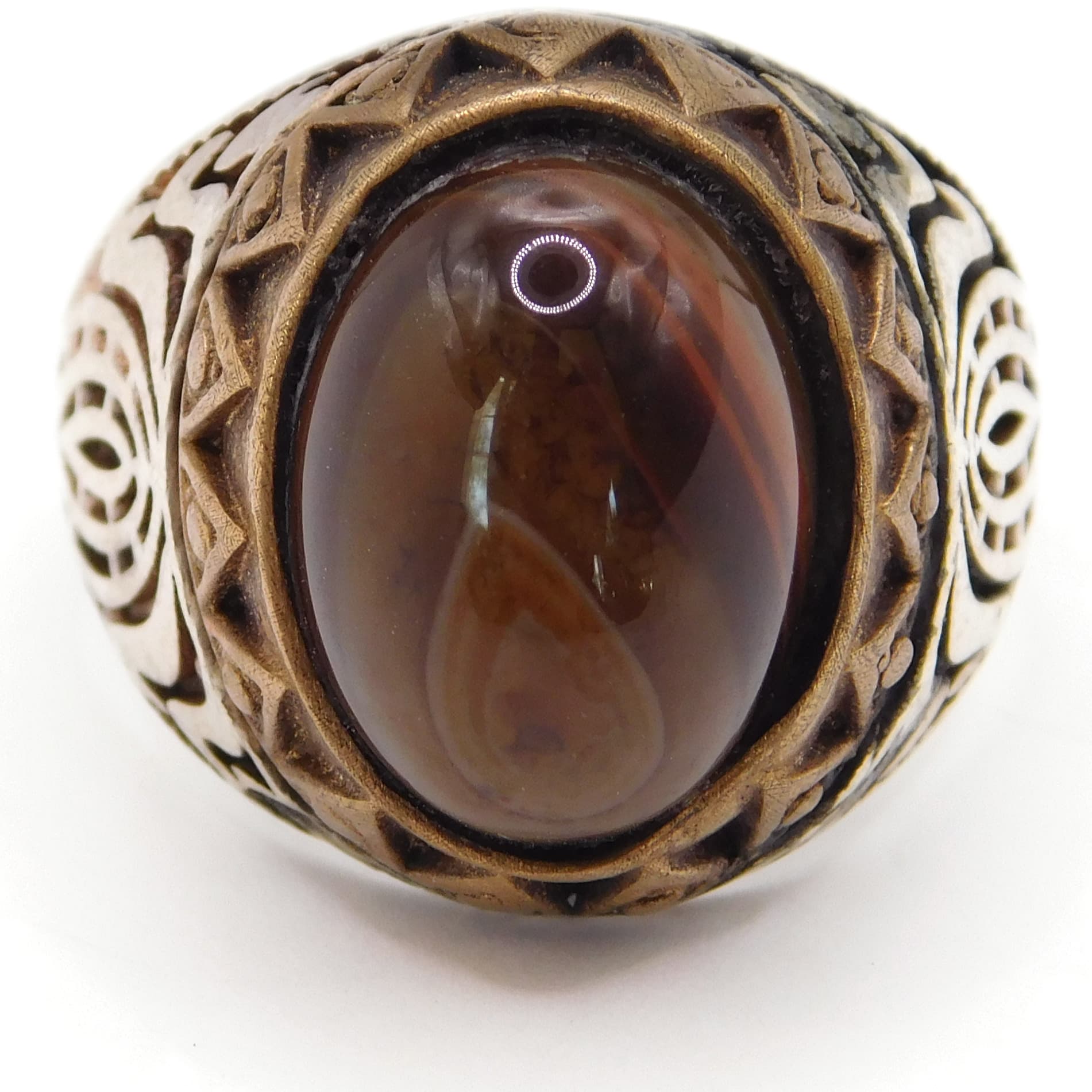 BOLD MEN'S SILVER & BRASS RING WITH BANDED AGATE CABOCHON, ORNATE TURKISH STYLE