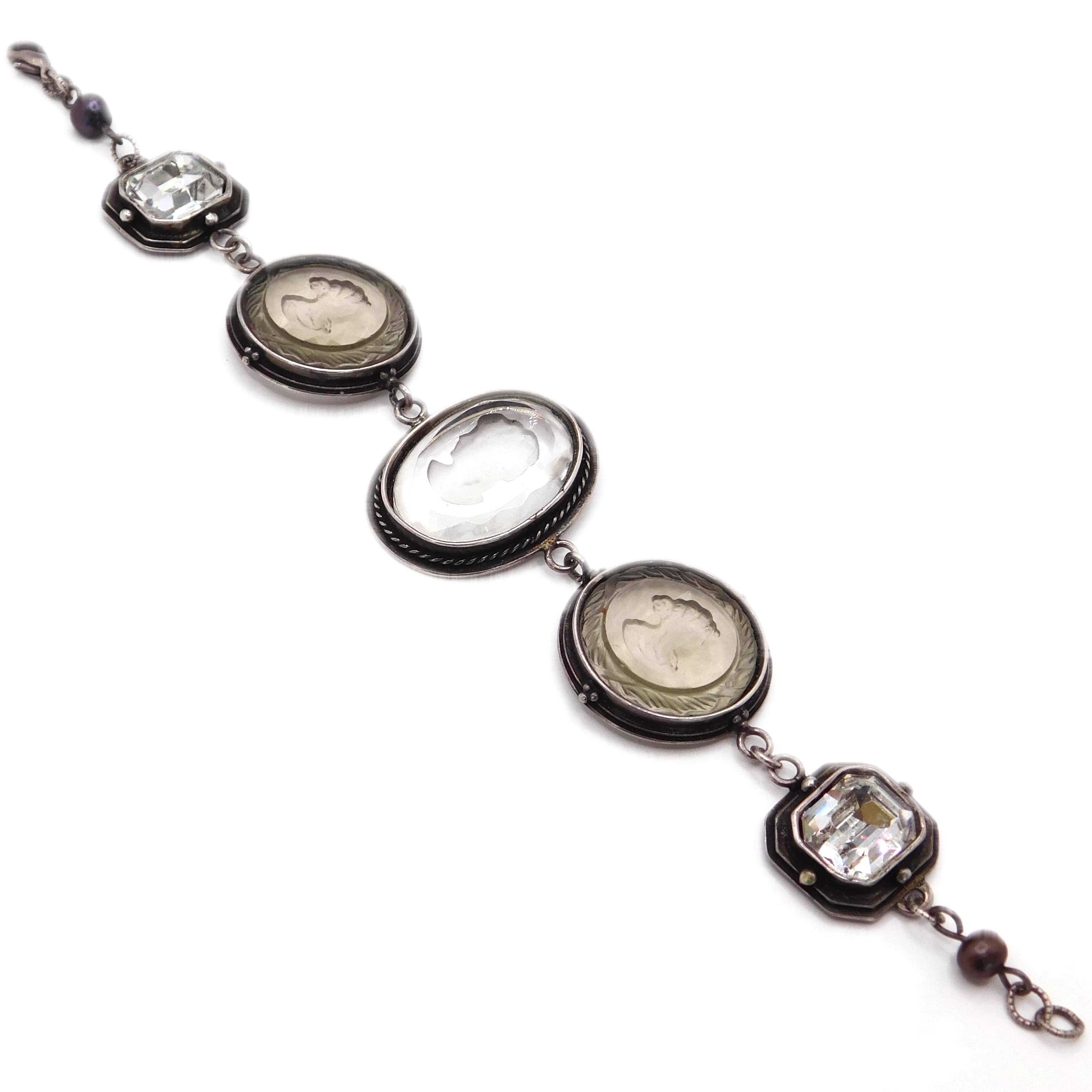 ANTIQUE SILVER OVER BRASS REVERSE-CARVED CRYSTAL INTAGLIO CAMEO BRACELET