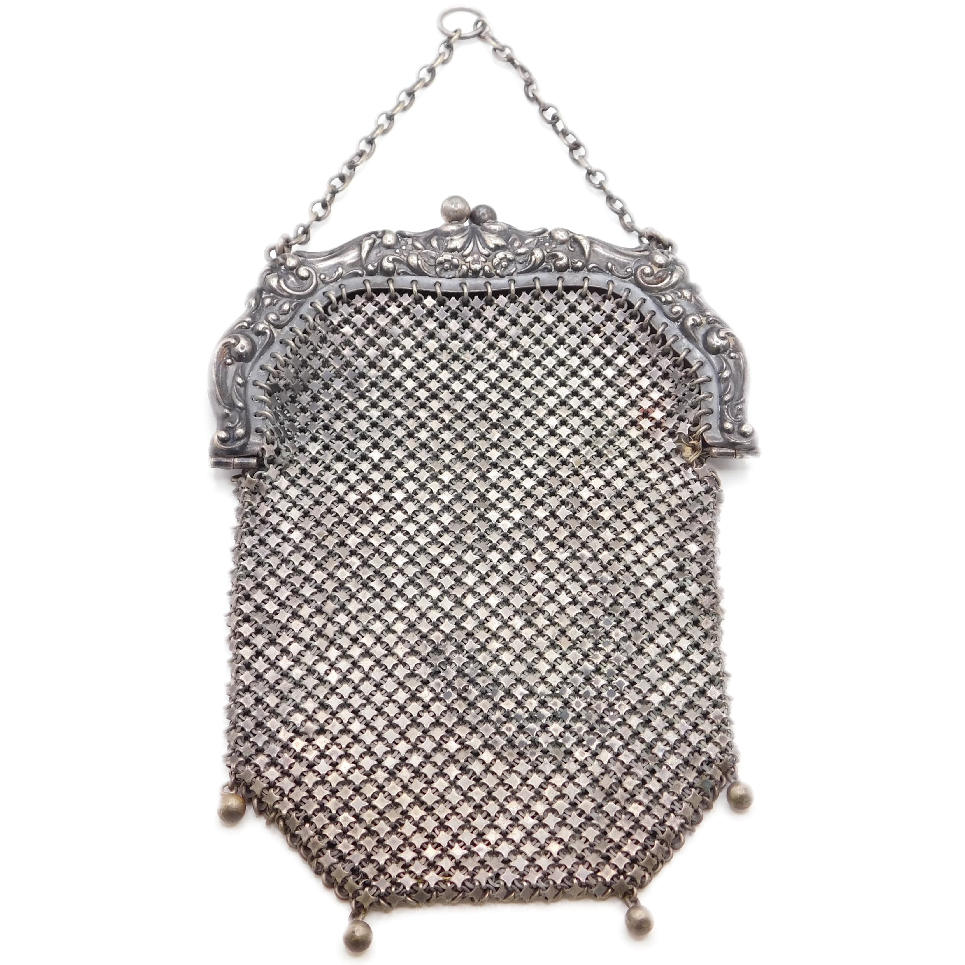 ANTIQUE SILVER PLATED MESH CHATELAINE PURSE WITH ORNATE REPOUSSÉ FRAME