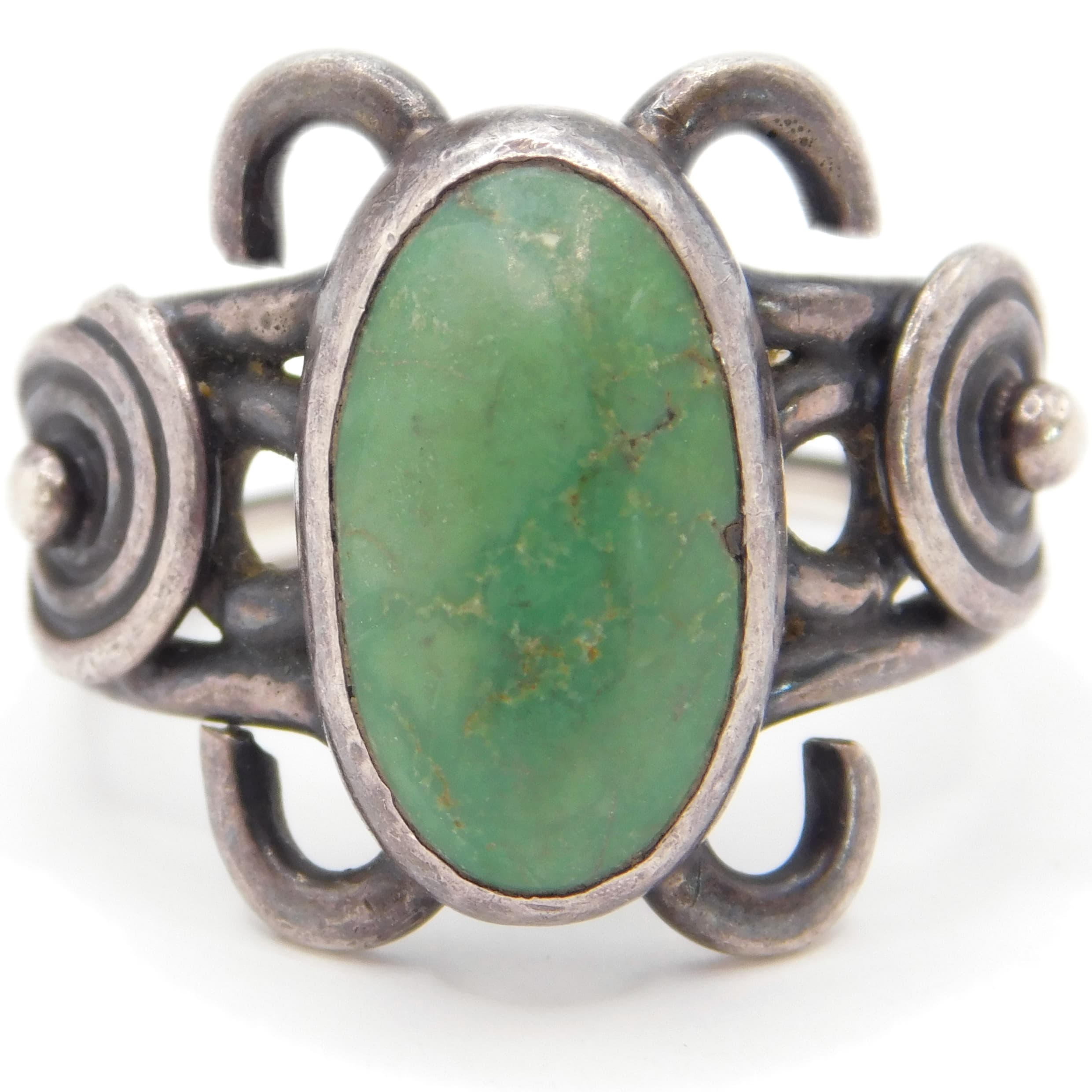 OLD PAWN STYLE STERLING SILVER & GREEN TURQUOISE SPIRAL RING