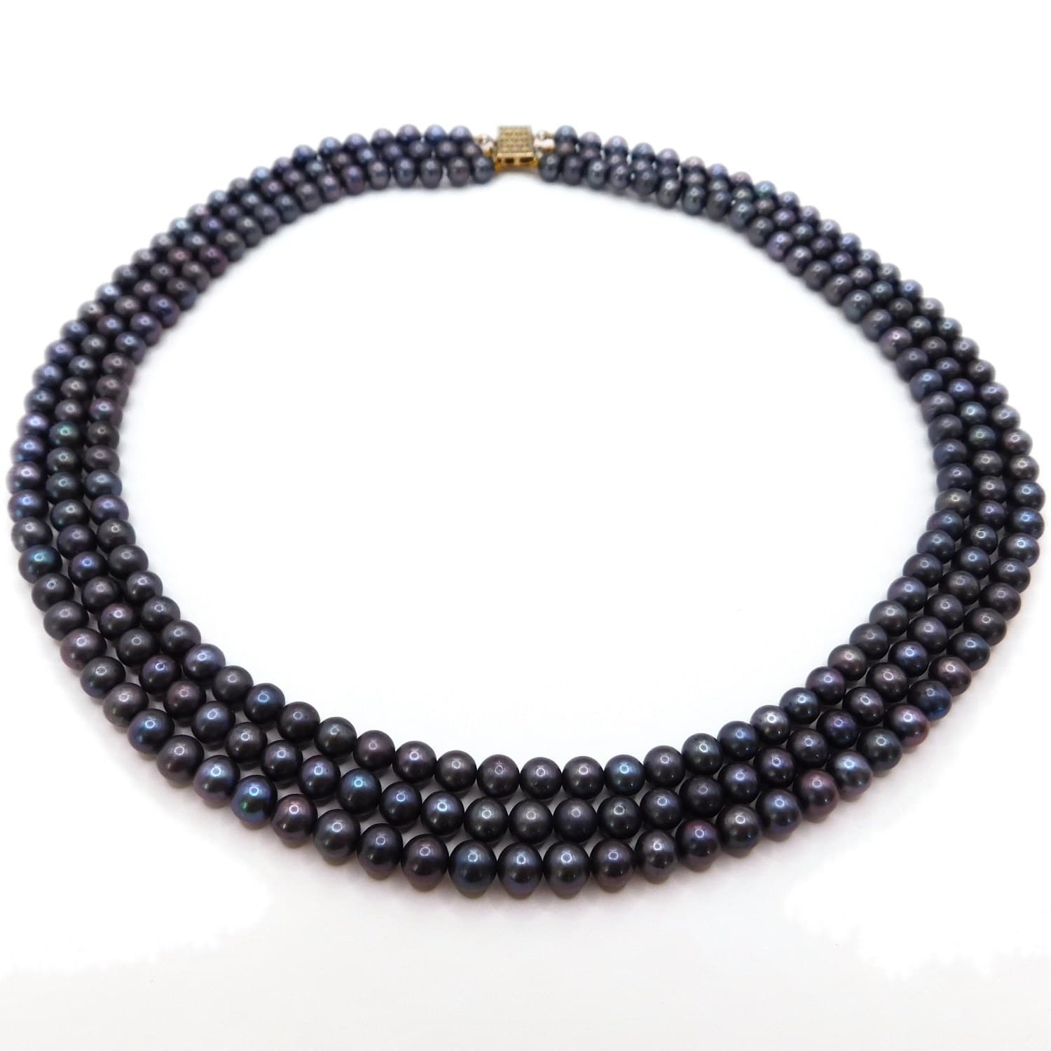 LUXURIOUS TRIPLE-STRAND BLACK PEACOCK PEARL NECKLACE VERMEIL CLASP