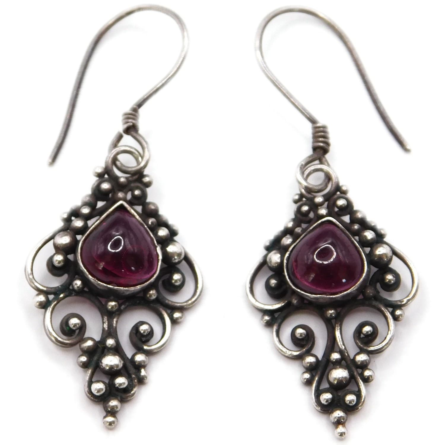 ORNATE STERLING SILVER SCROLLWORK GARNET CABOCHON DANGLE EARRINGS