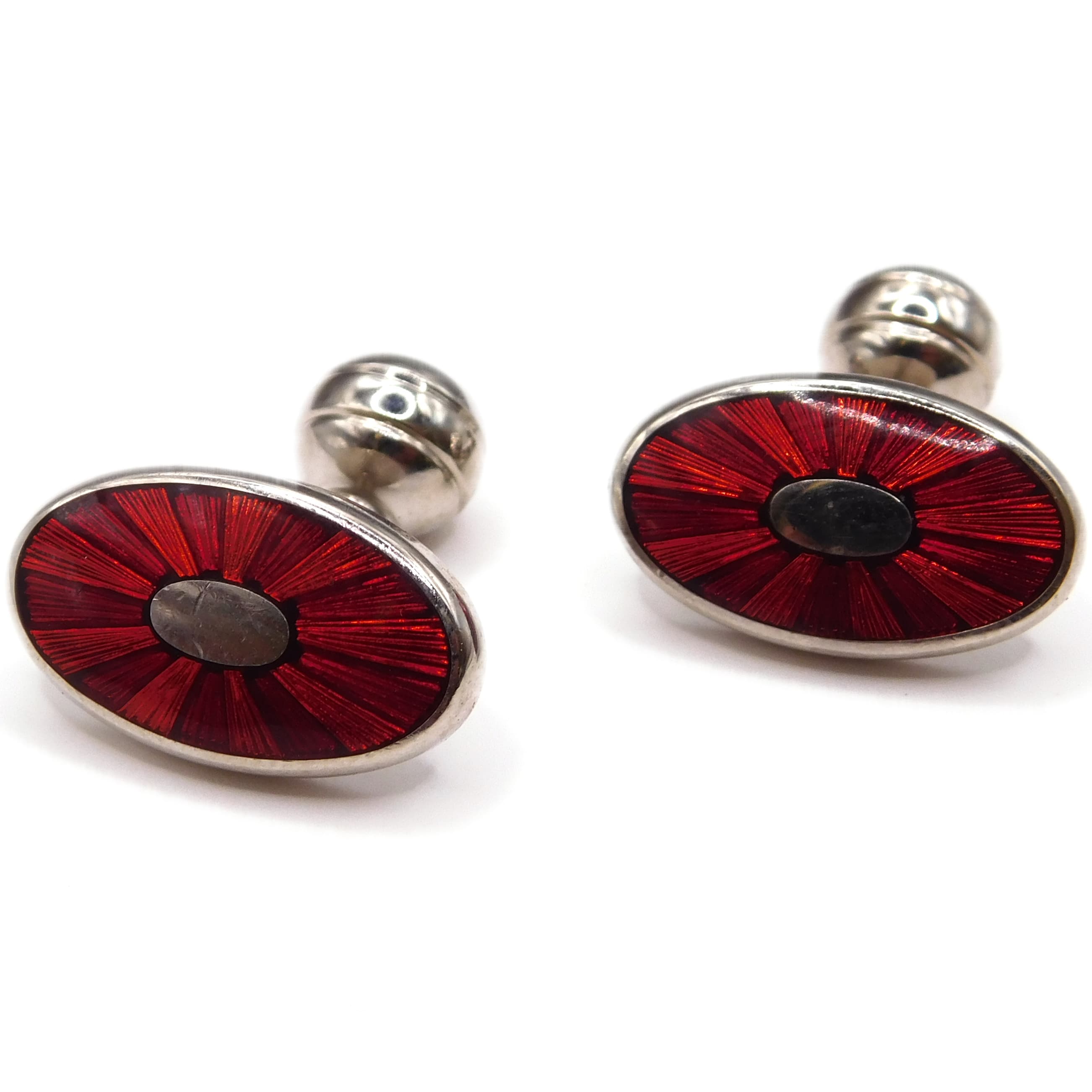 CHARLES TYRWHITT RED GUILLOCHE ENAMEL SILVER-TONE CUFFLINKS IN BOX