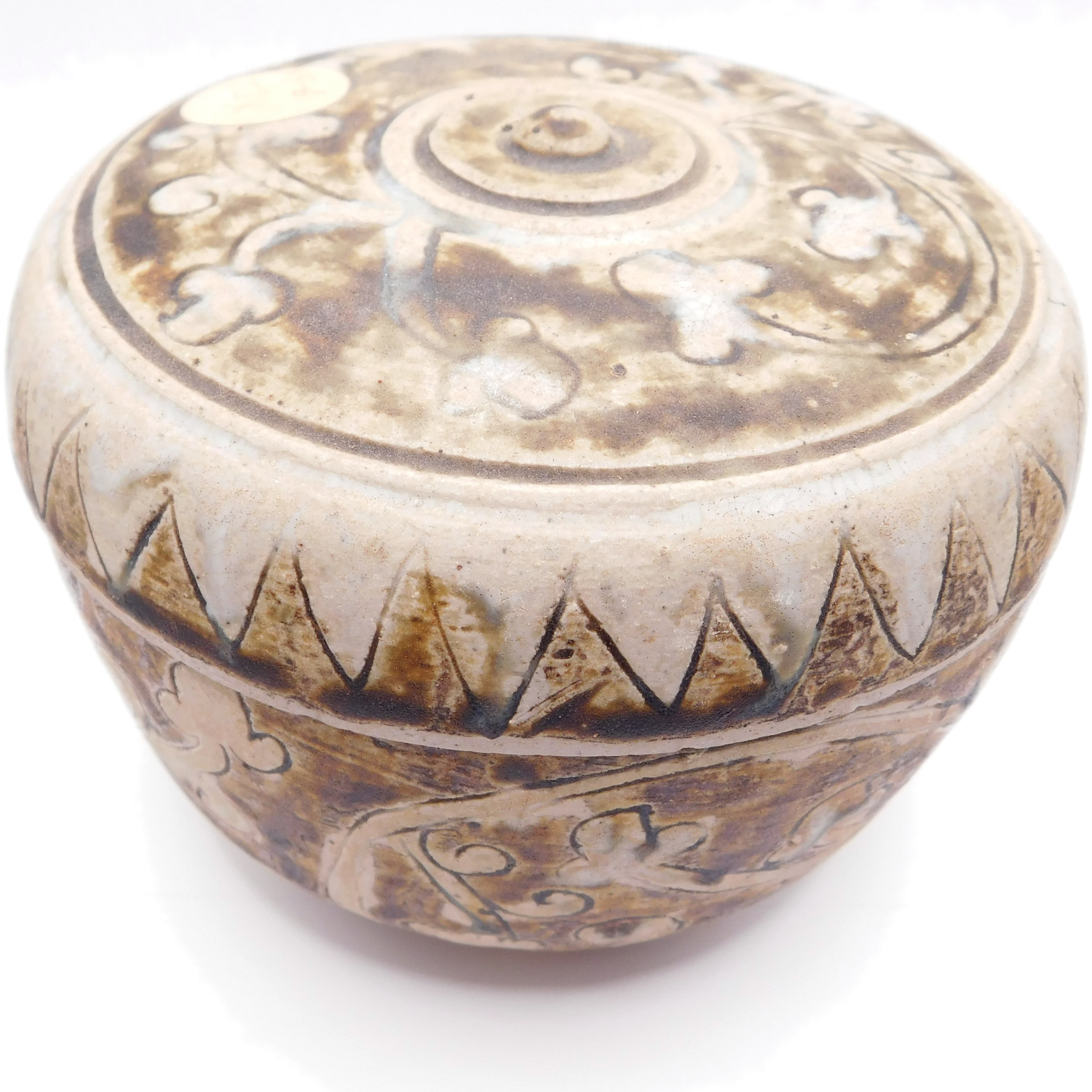 ANTIQUE SAWANKHALOK SHIPWRECK CERAMIC COVERED BOX THAI STONEWARE LIDDED JAR
