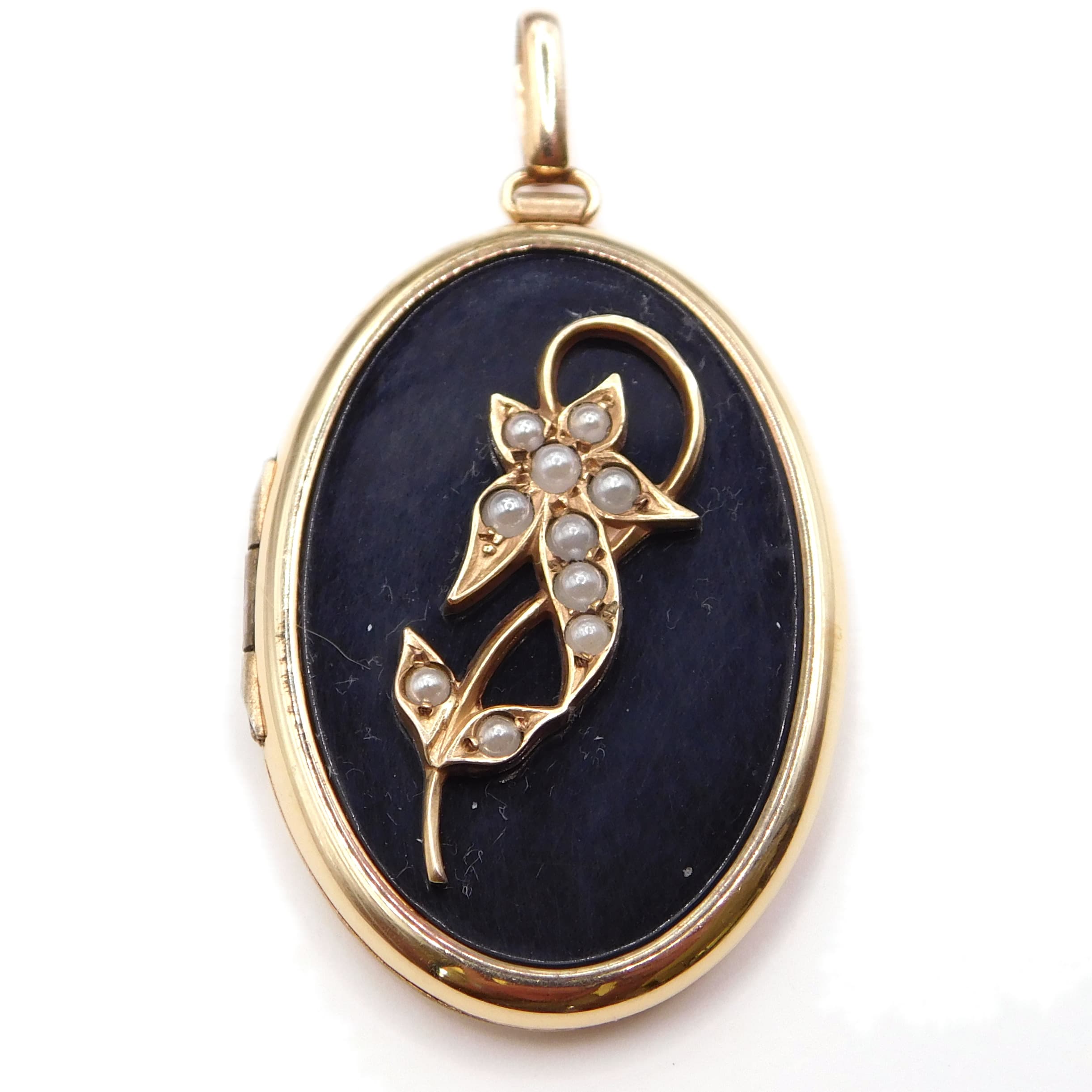 VICTORIAN REVIVAL MOURNING LOCKET ENAMEL & SEED PEARL FLORAL SIGNED