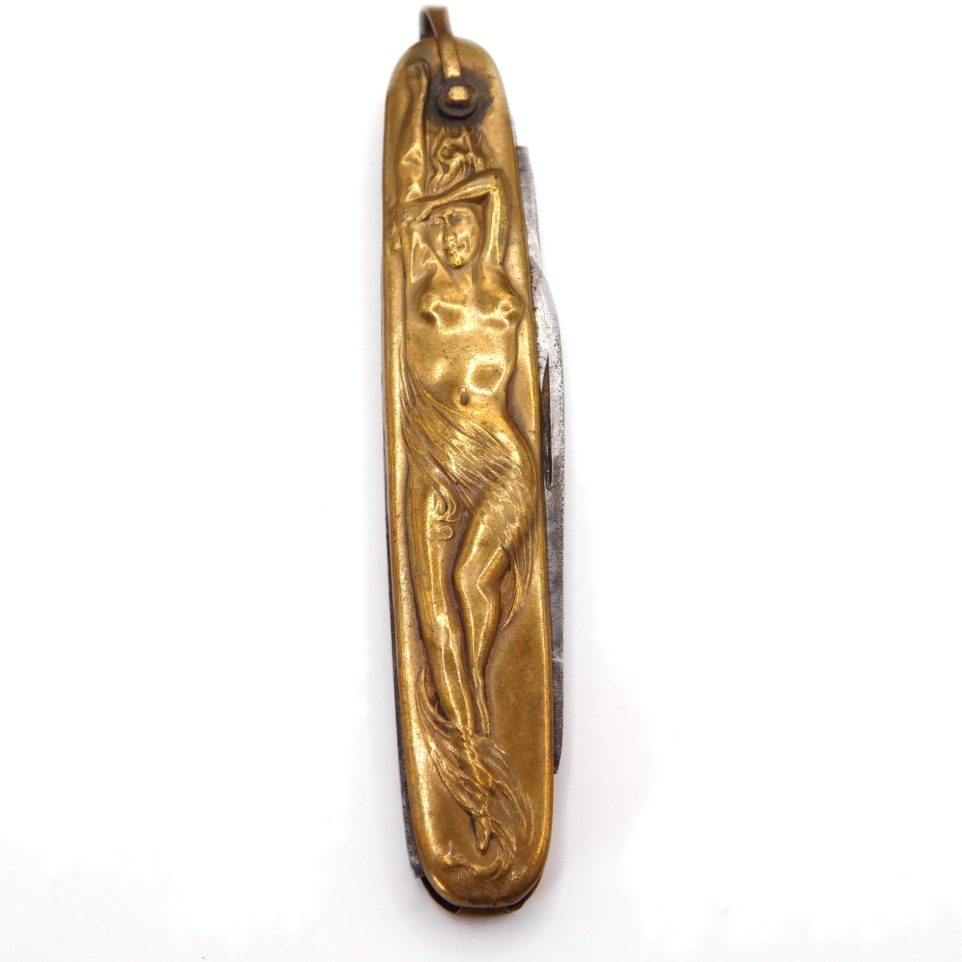 ANTIQUE ART NOUVEAU FIGURAL NUDE BRASS POCKET KNIFE W/ STEEL BLADES
