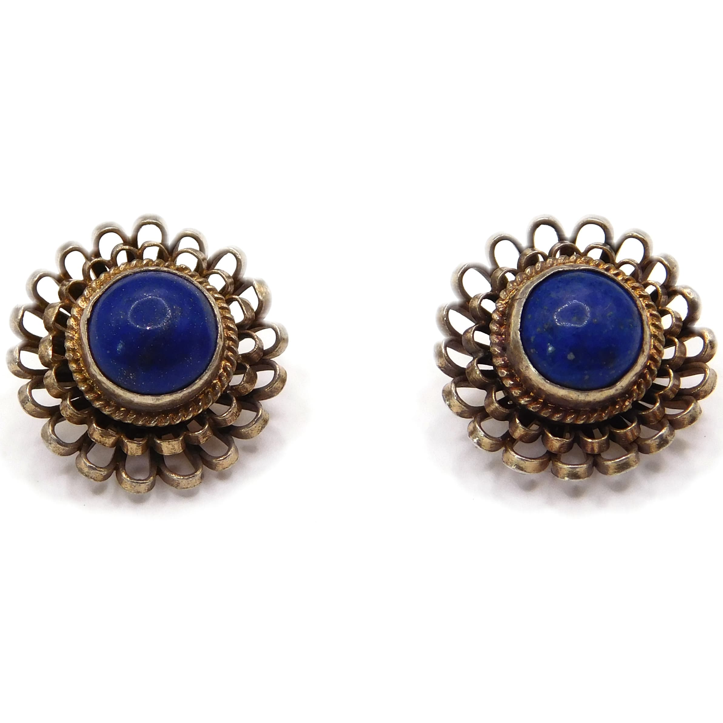 VINTAGE SILVER VERMEIL LAPIS FILIGREE FLOWER EARRINGS