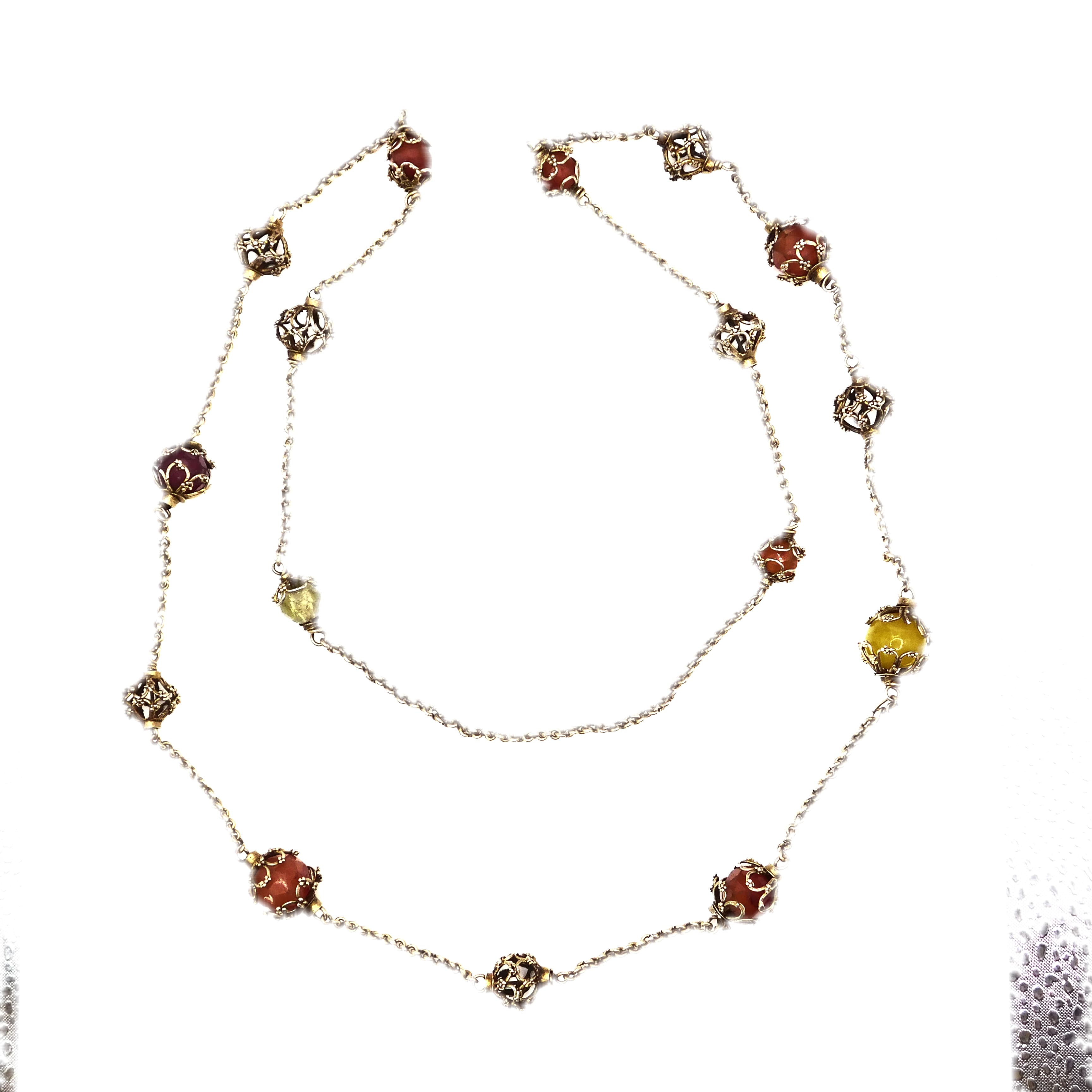 VICTORIAN VERMEIL FILIGREE CAGED BEAD NECKLACE WITH MULTICOLOR GLASS ACCENTS
