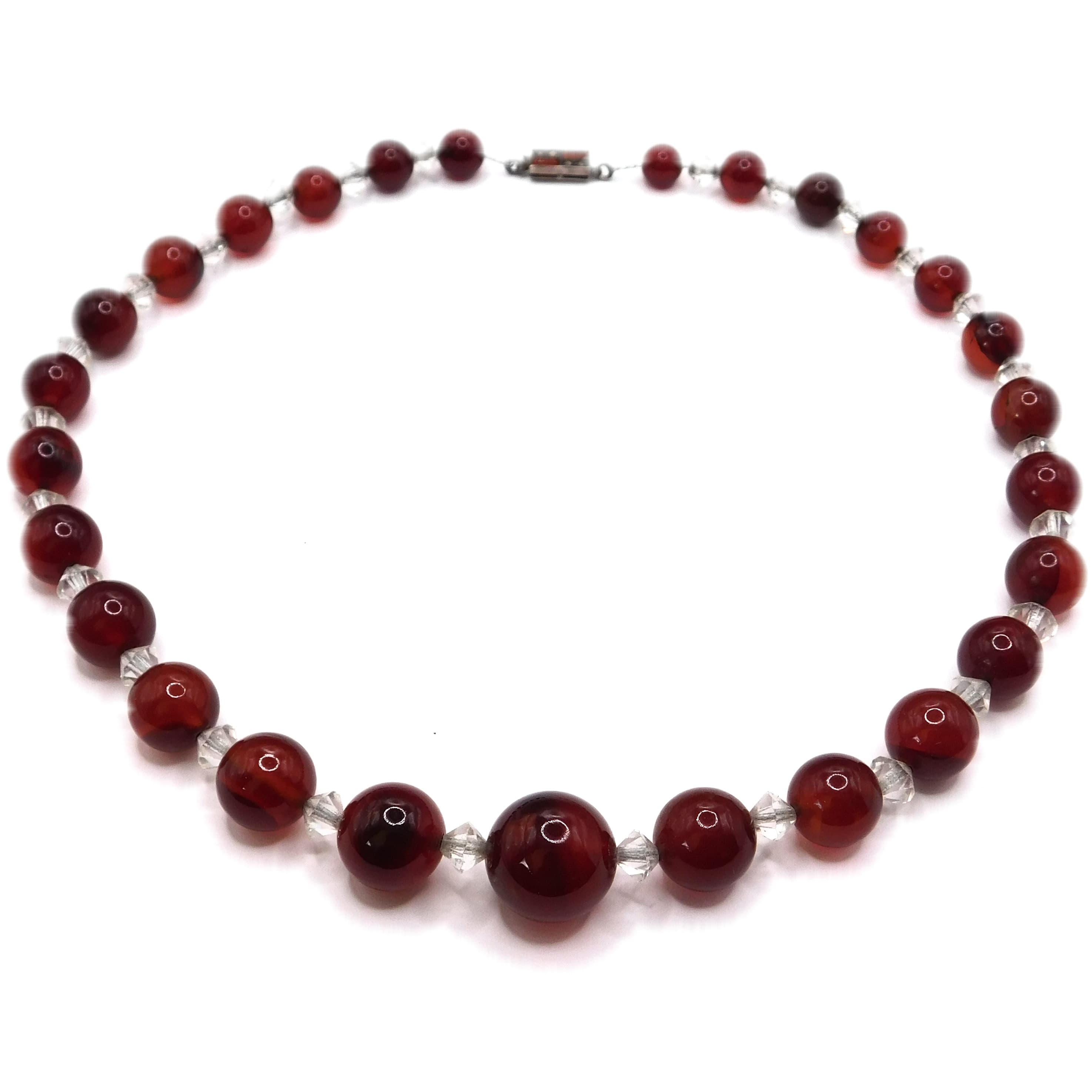 RICH GRADUATED CARNELIAN & CRYSTAL BEAD NECKLACE, ART DECO STYLE