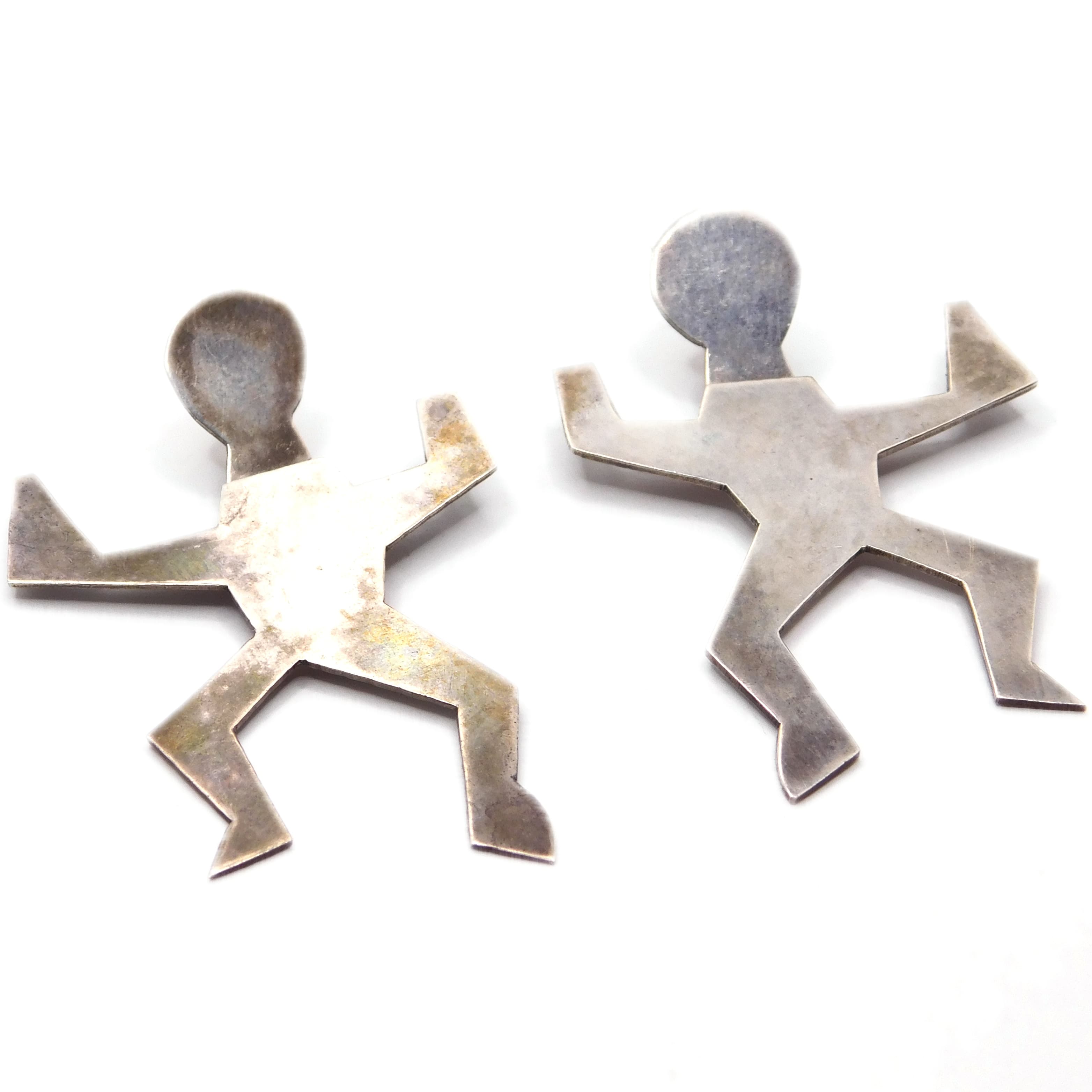 WHIMSICAL DANCING FIGURE STERLING SILVER MODERNIST CLIP EARRINGS