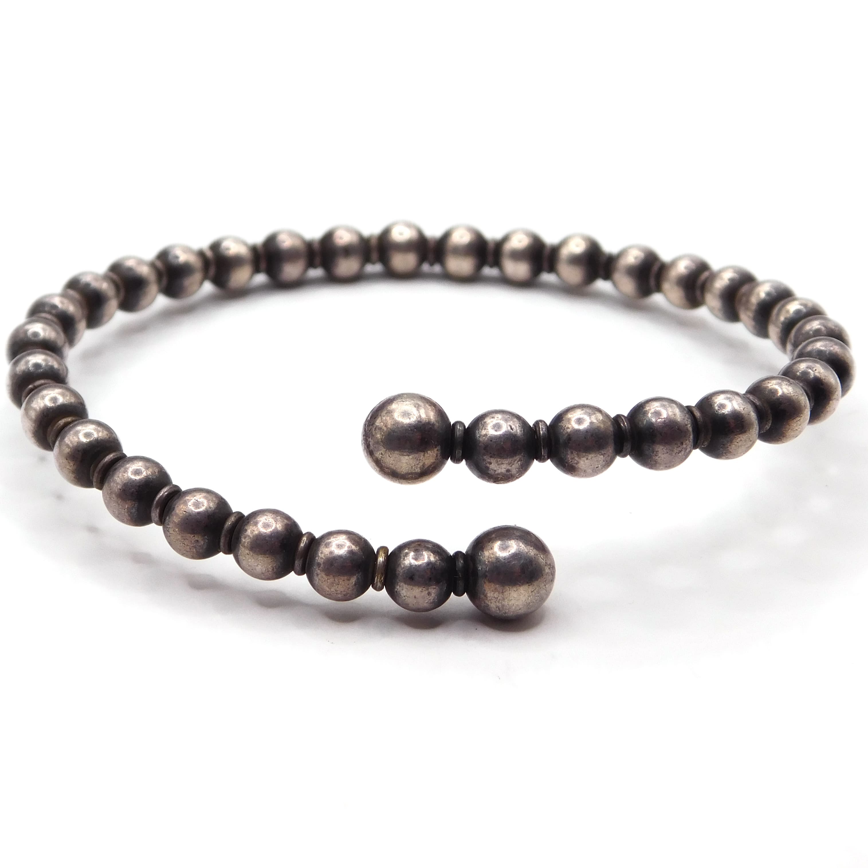 GRADUATED STERLING SILVER BENCH BEAD WRAPAROUND CUFF BRACELET