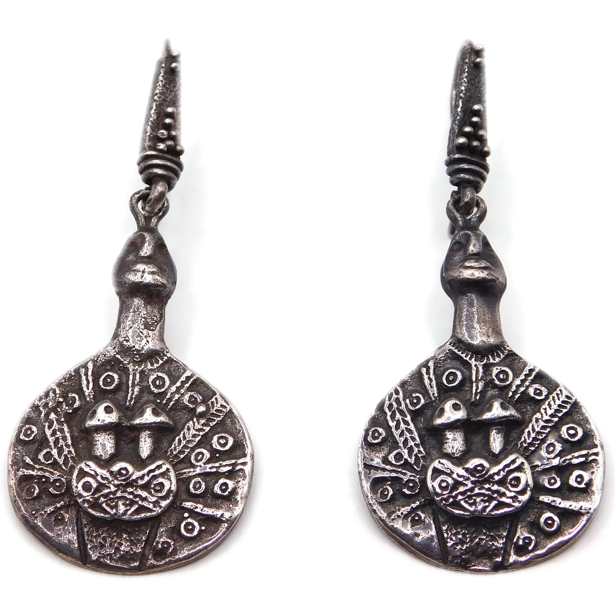 RUSTIC TRIBAL SILVER "TUNISIAN IDOLS" FIGURAL DANGLE EARRINGS