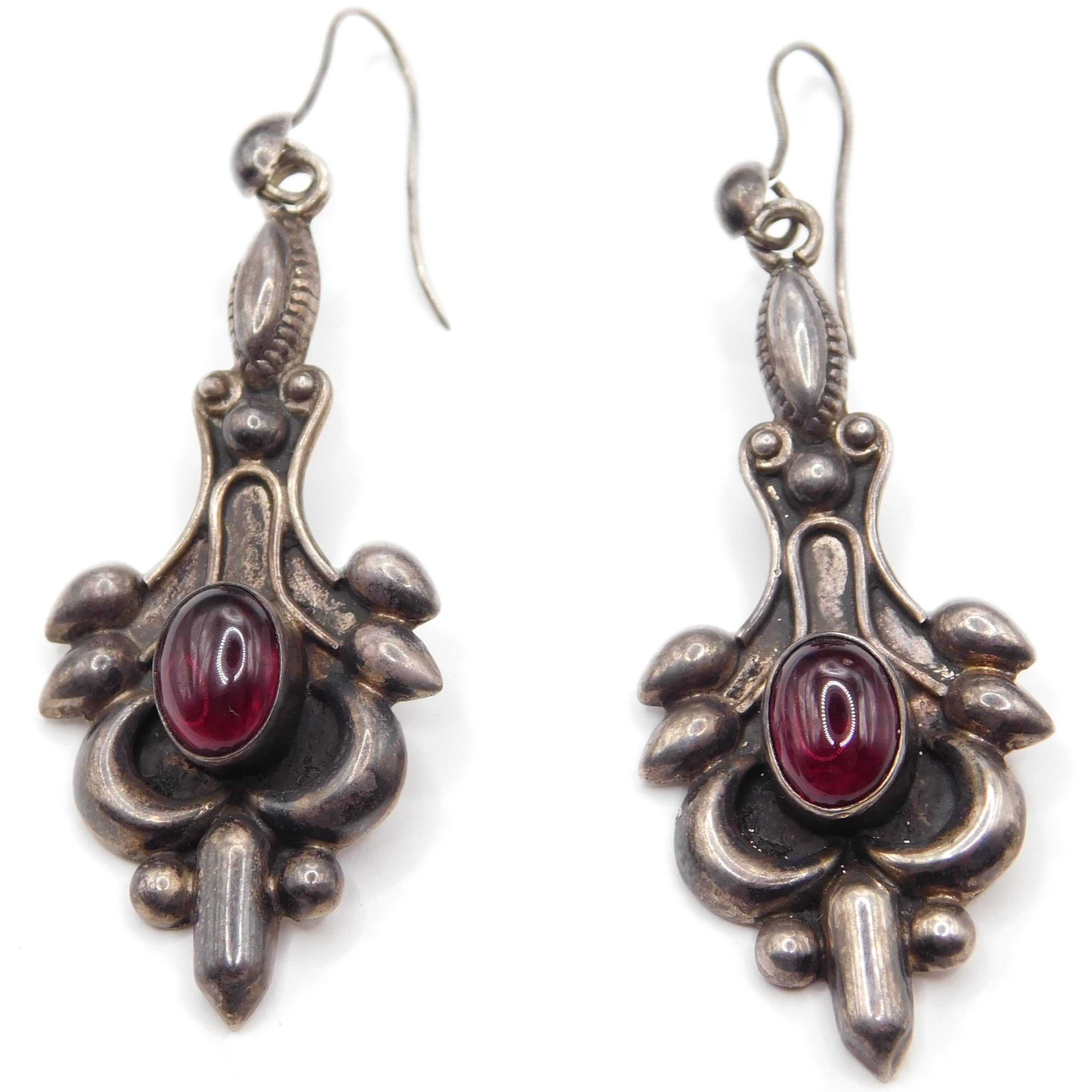 ORNATE VICTORIAN REVIVAL STERLING SILVER GARNET DROP EARRINGS