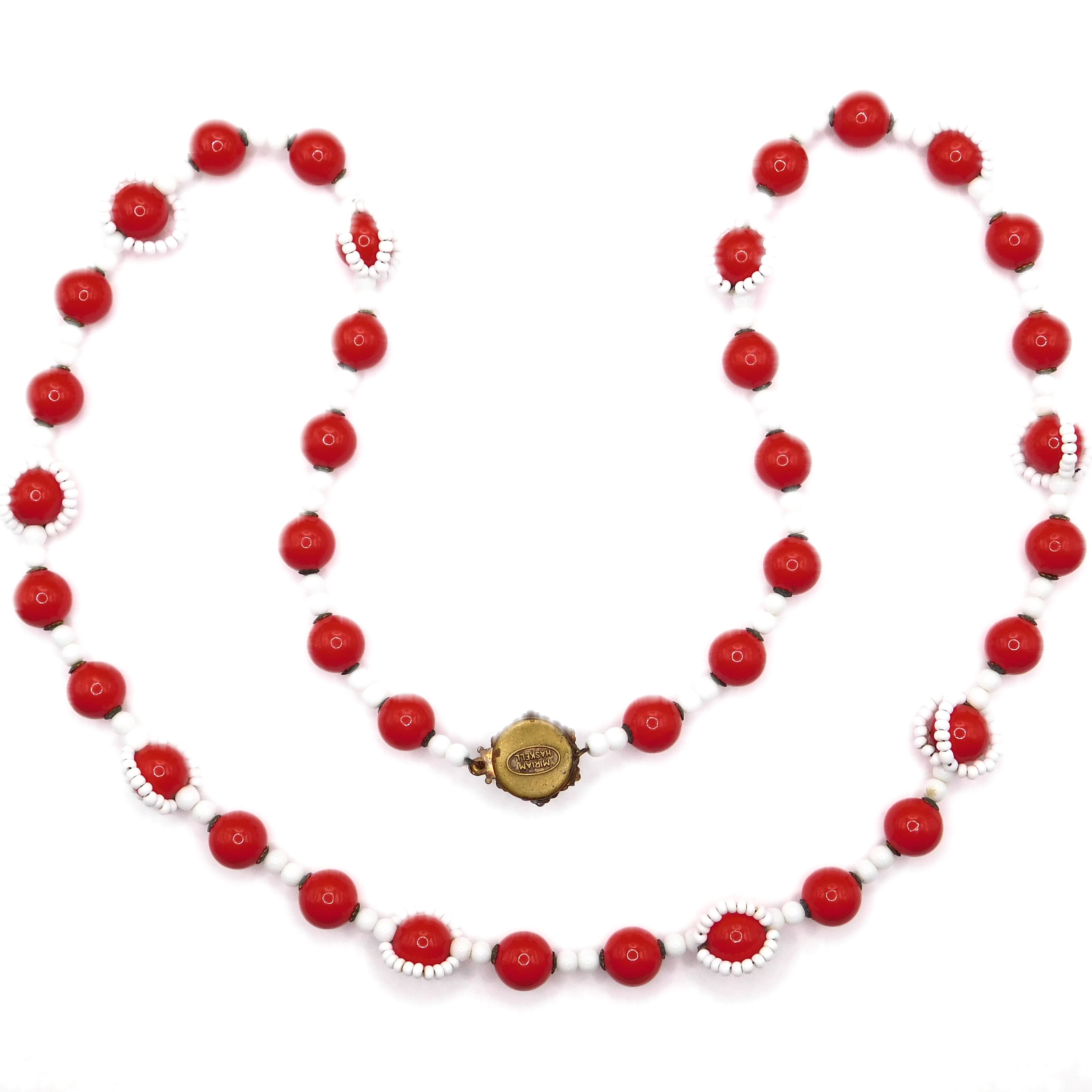MIRIAM HASKELL VINTAGE RED & WHITE GLASS BEAD LONG NECKLACE