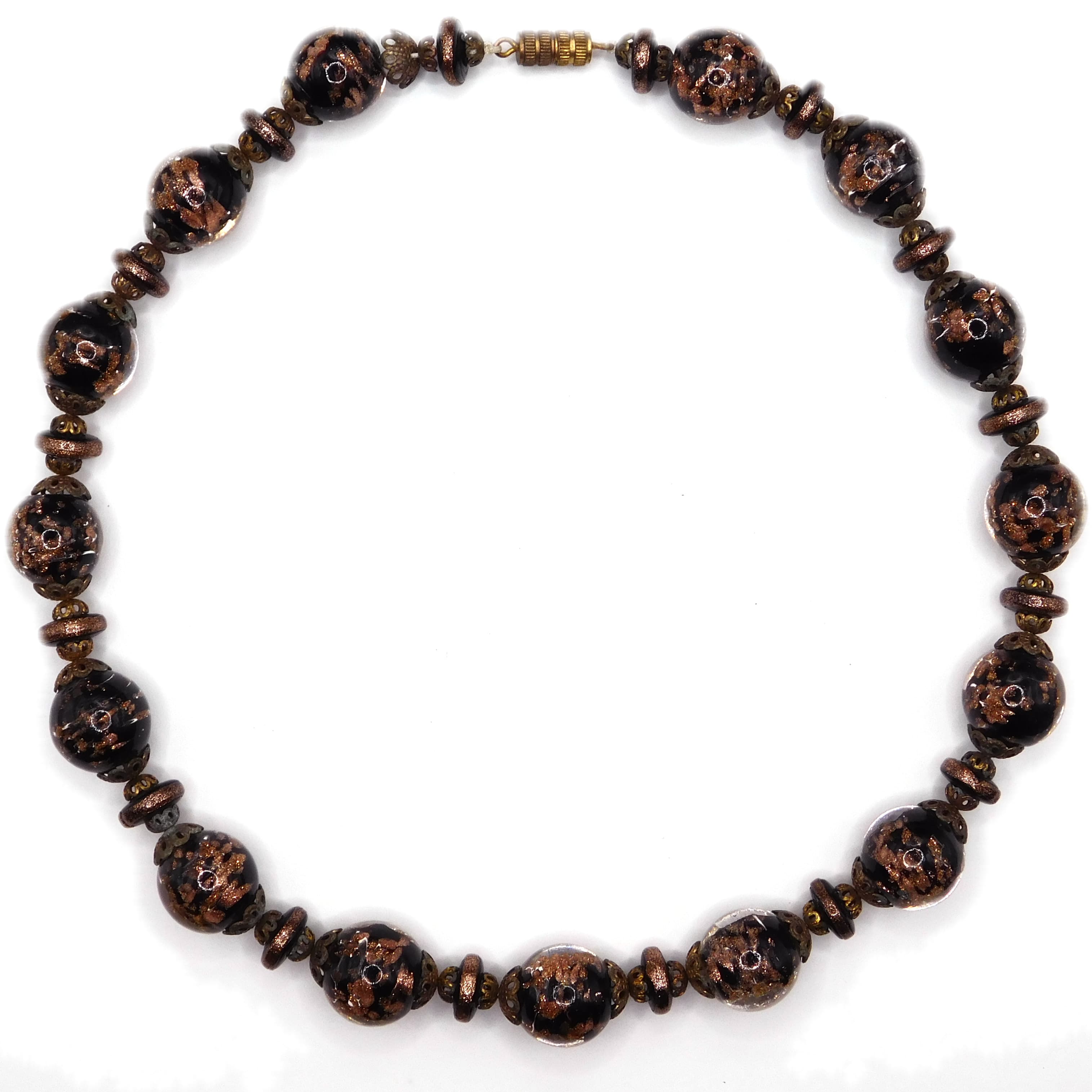 STUNNING VENETIAN MURANO GLASS AVENTURINE BEAD NECKLACE, BLACK & COPPER