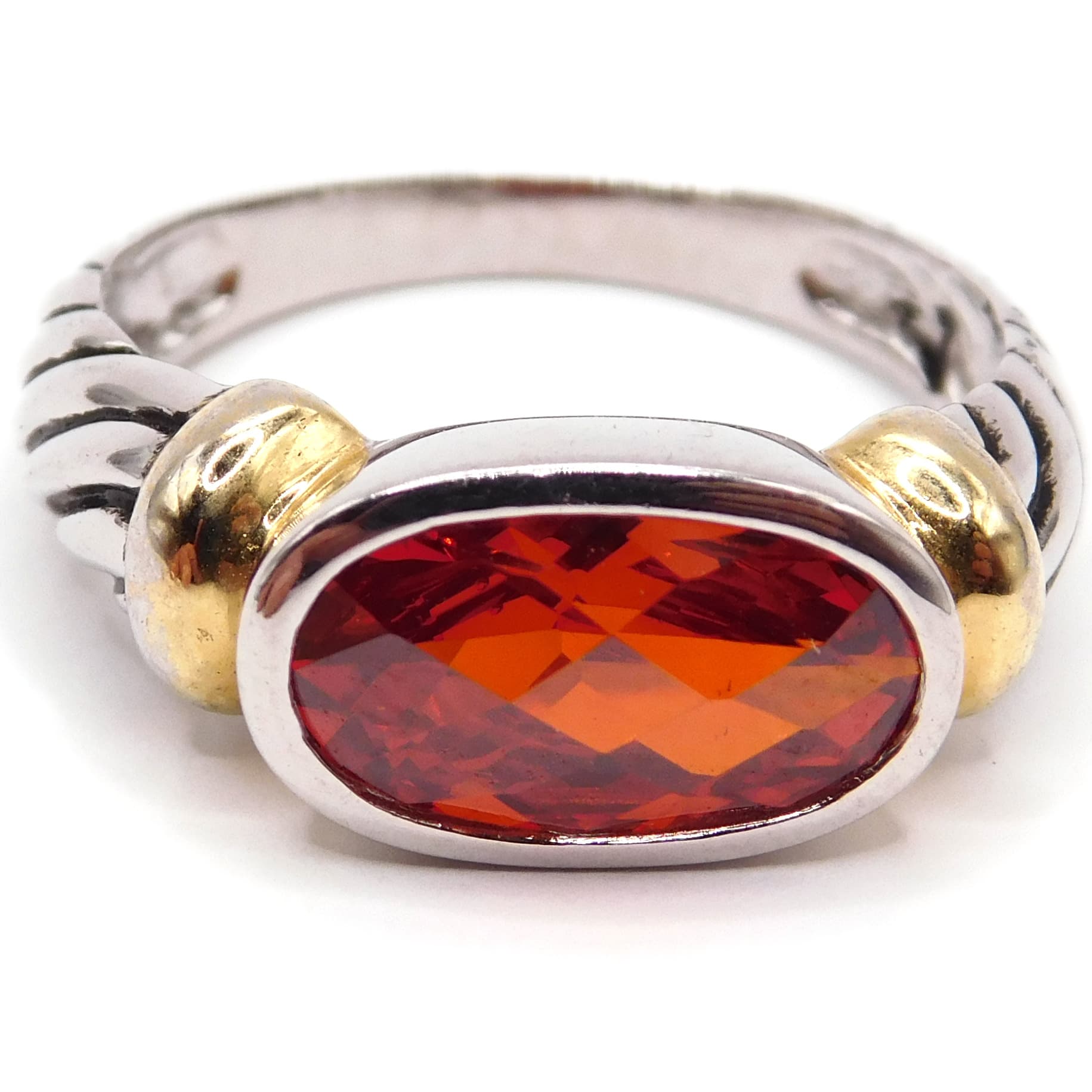STRIKING TWO-TONE STERLING CABLE RING WITH FIRE ORANGE CZ