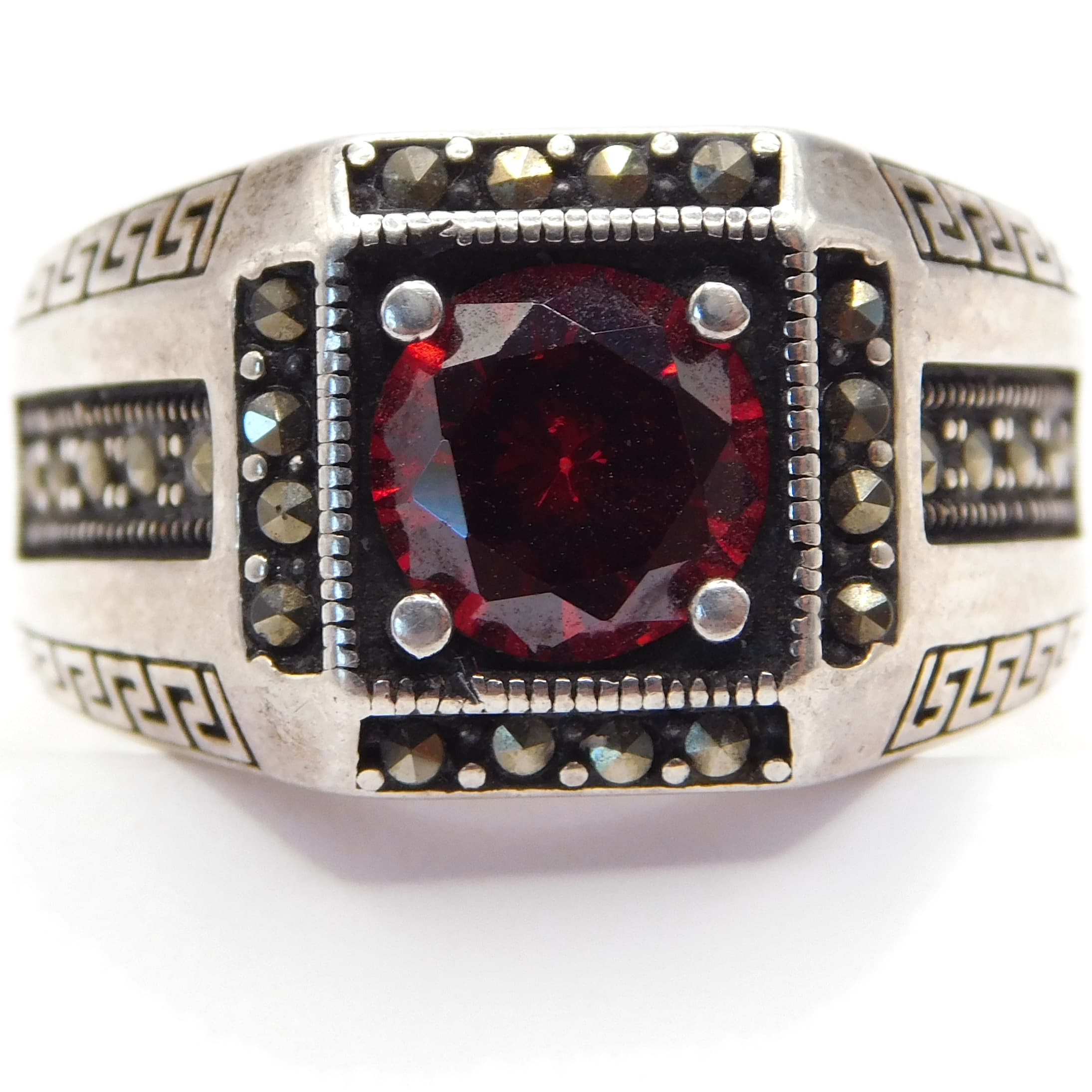 BOLD GARNET & MARCASITE GREEK KEY STERLING SILVER MEN'S RING