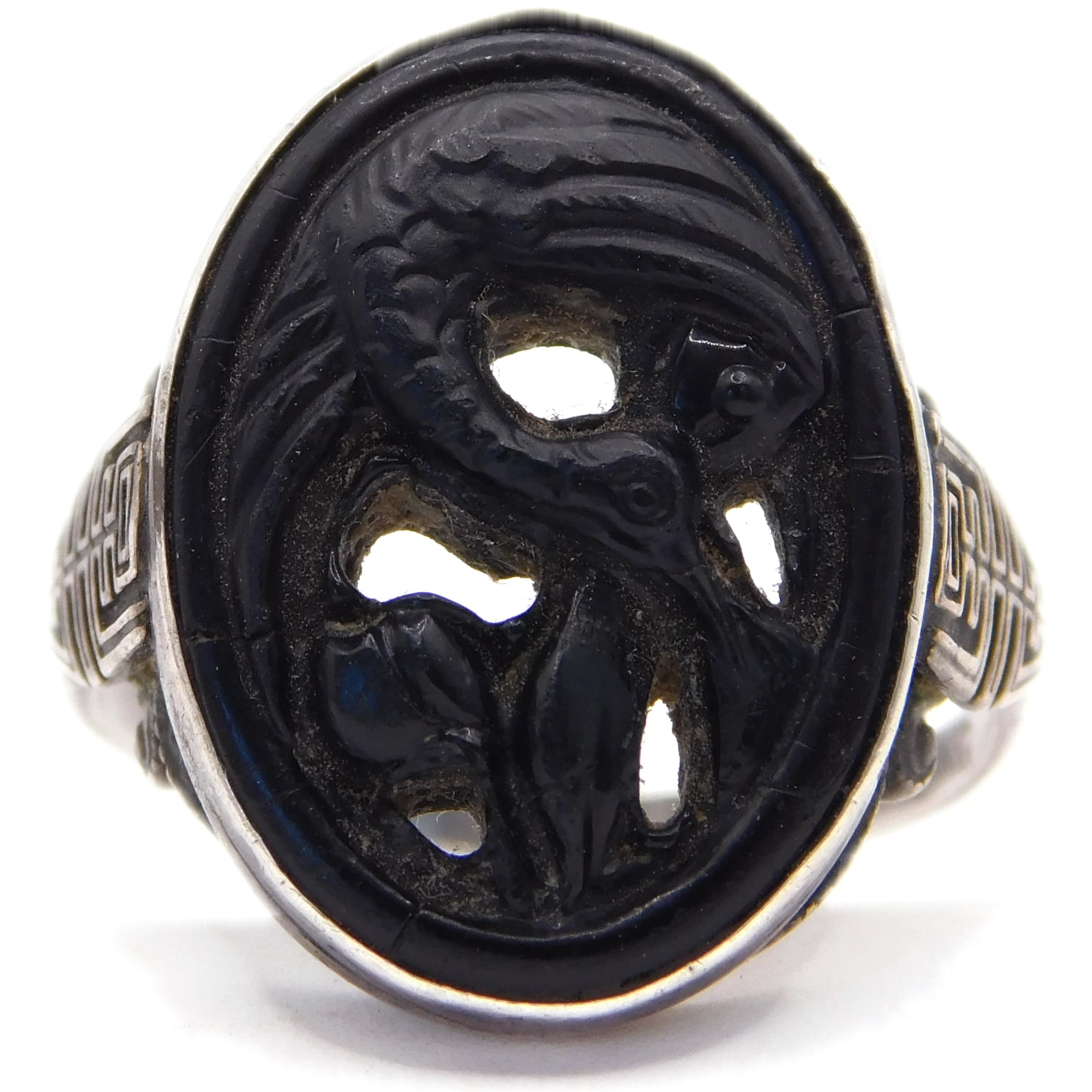 ANTIQUE STERLING SILVER CARVED DRAGON PHOENIX BLACK STONE RING