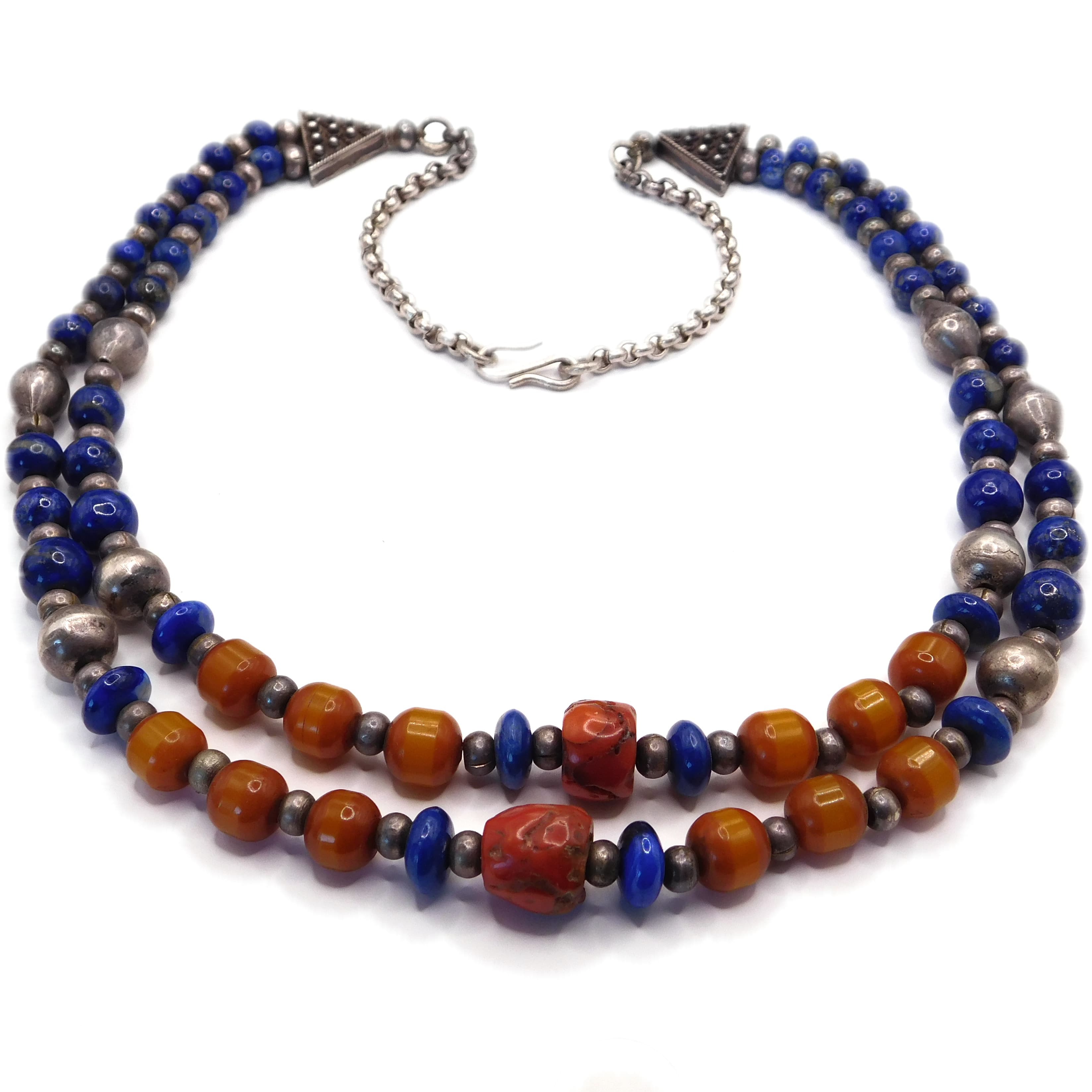 TRIBAL STYLE LAPIS, AMBER & 925 SILVER DOUBLE STRAND STATEMENT NECKLACE