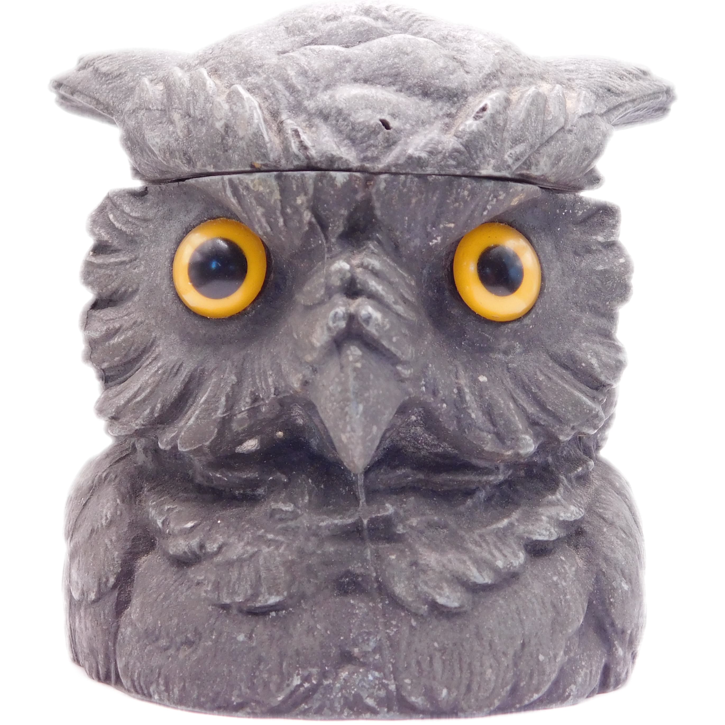 ANTIQUE SPELTER OWL HEAD INKWELL WITH GLASS EYES & HINGED LID