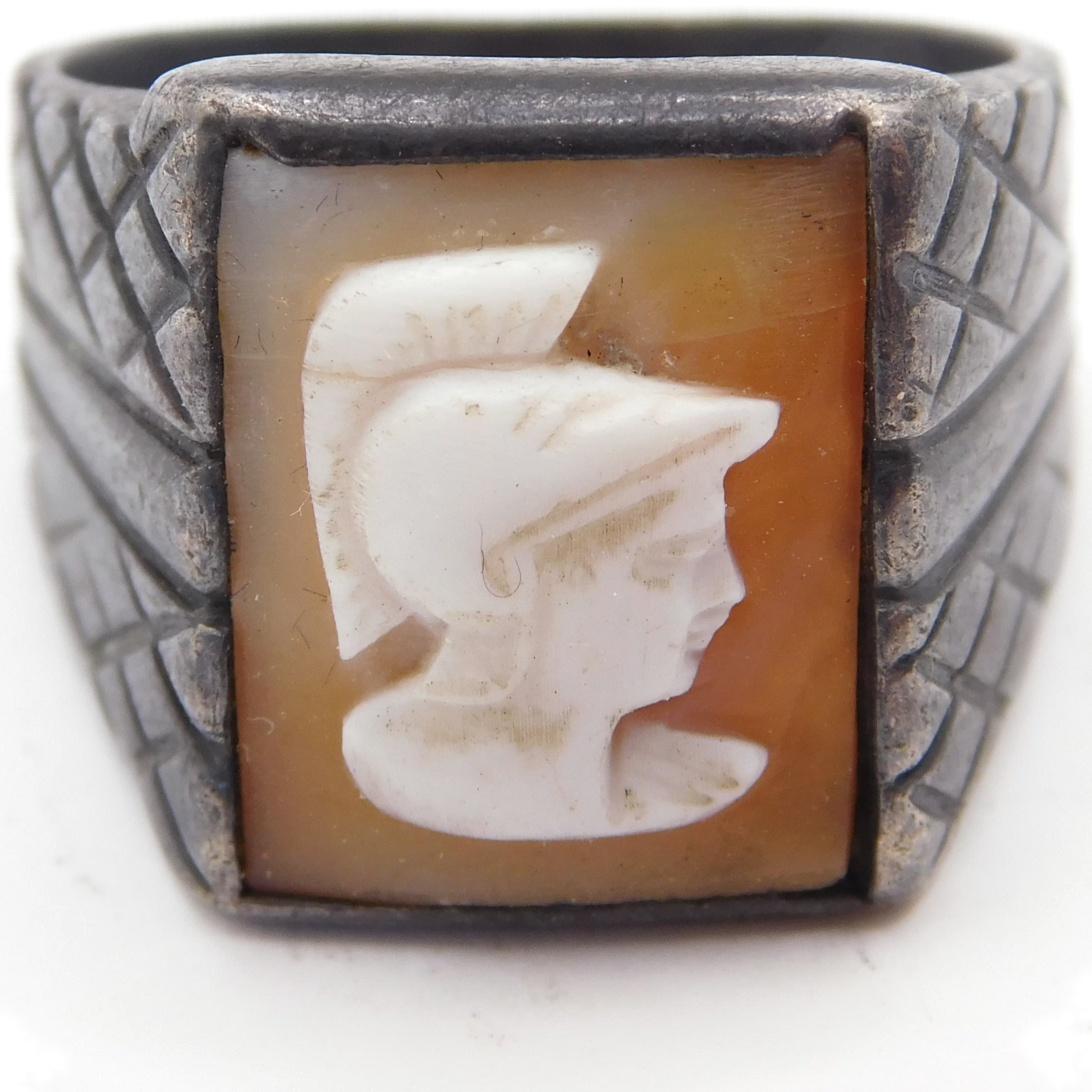 ANTIQUE STERLING SILVER RING SHELL CAMEO ROMAN WARRIOR