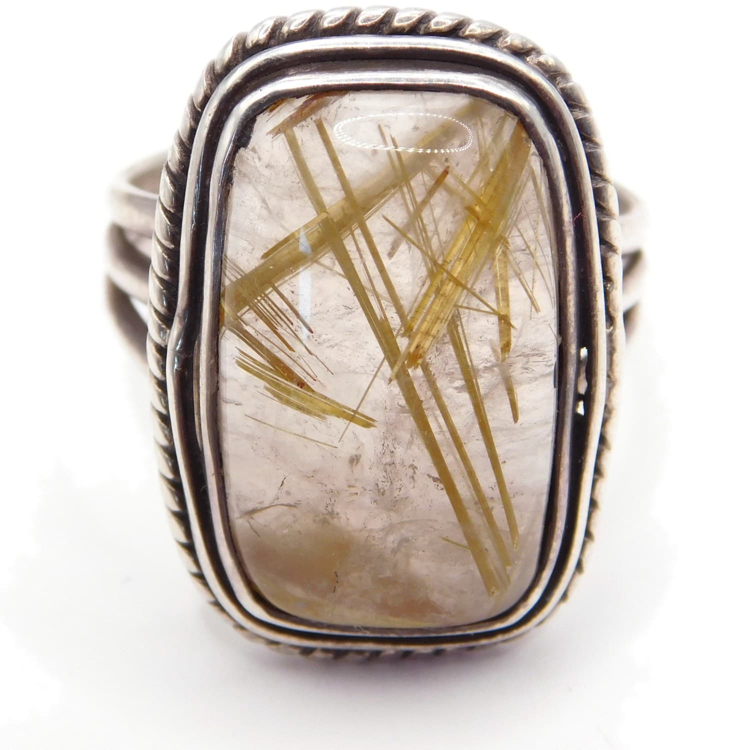 GOLDEN RUTILATED QUARTZ STERLING SILVER STATEMENT RING WITH ROPE TRIM