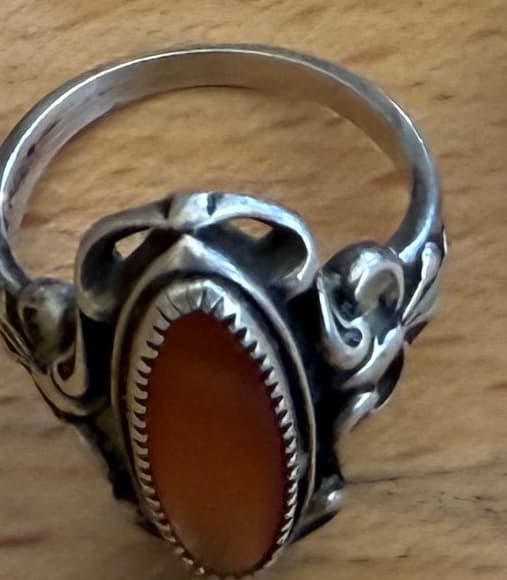 ORNATE STERLING SILVER & ORANGE STONE SOUTHWESTERN-STYLE RING