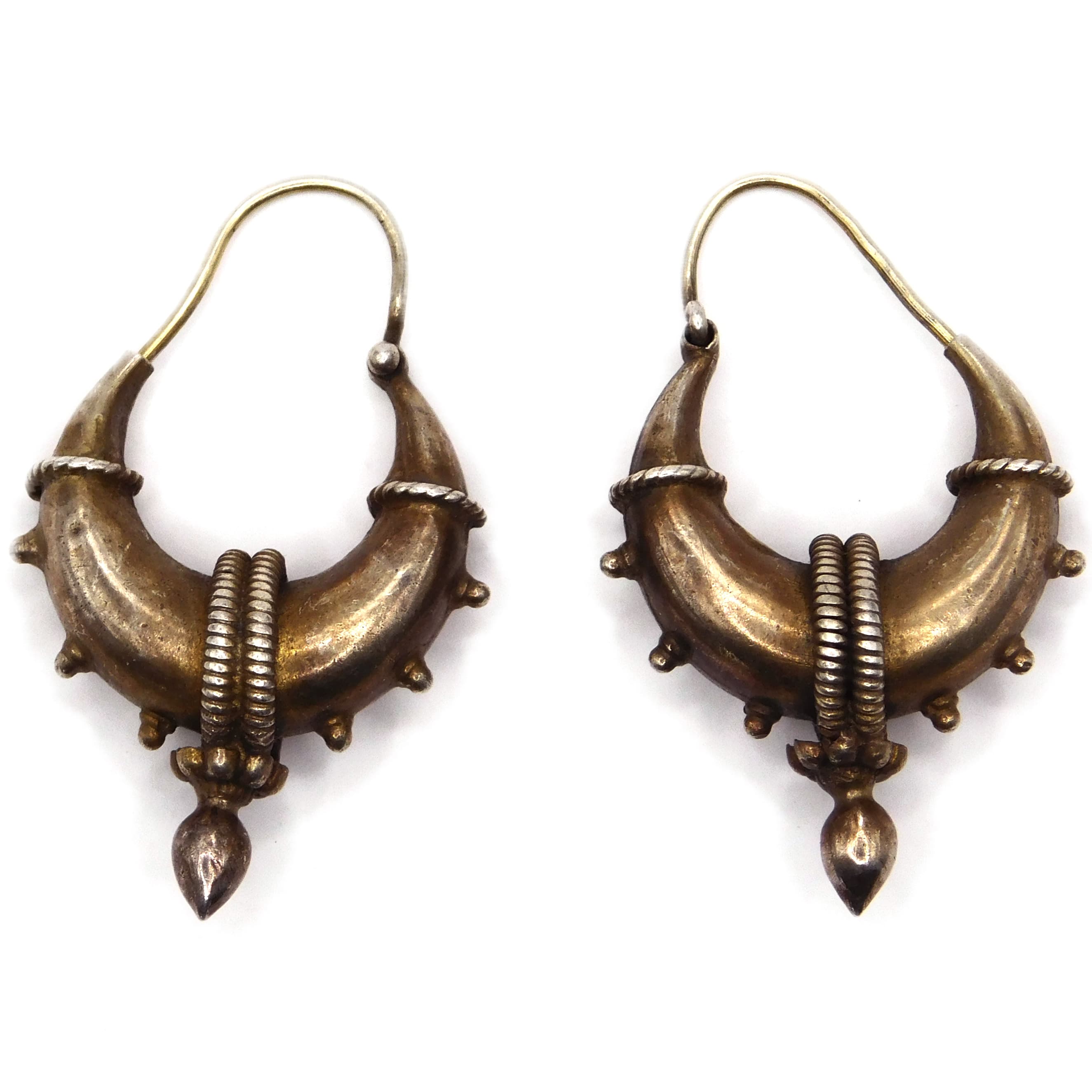 SILVER VERMEIL ETRUSCAN VICTORIAN REVIVAL CRESCENT HOOP EARRINGS
