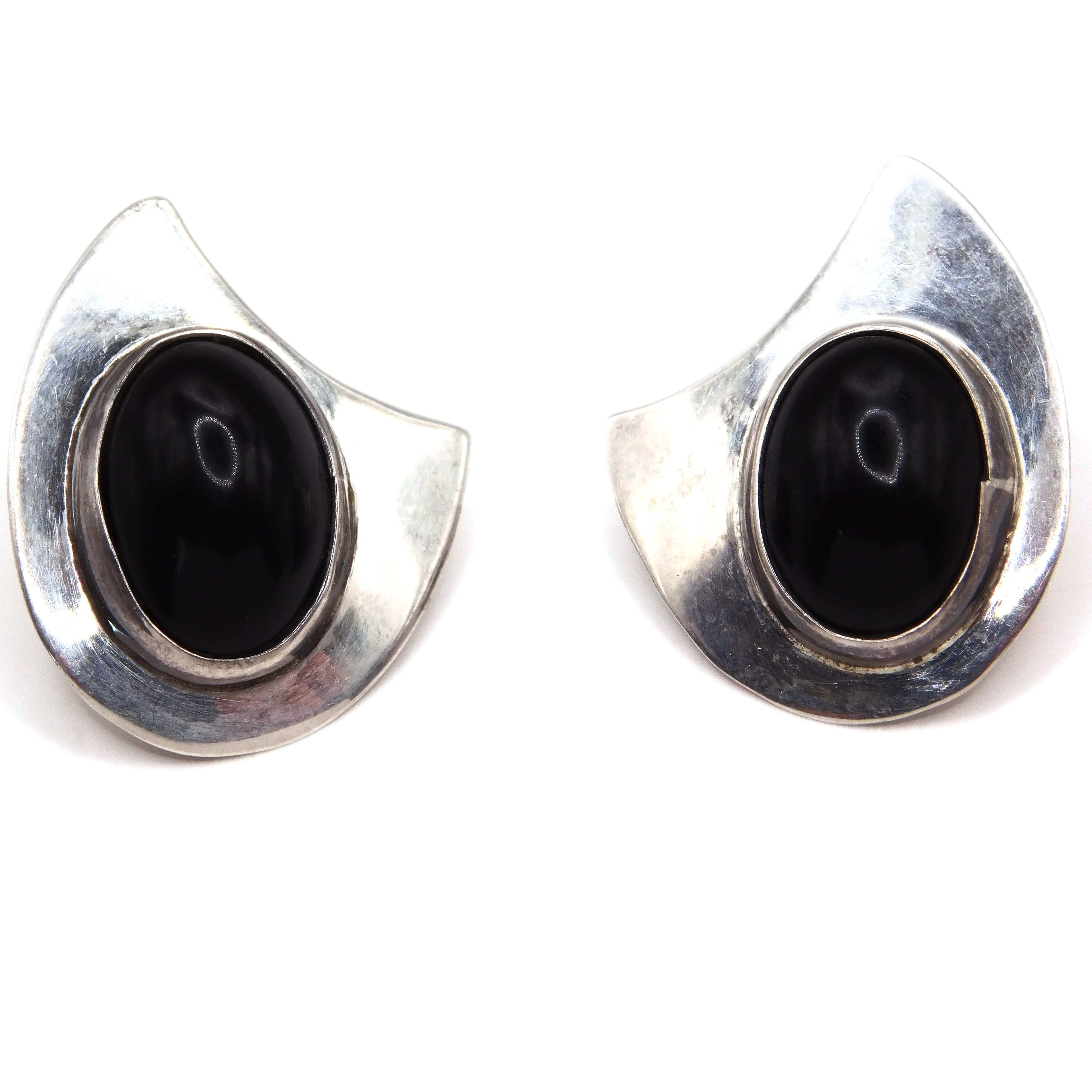 BOLD MEXICAN STERLING SILVER & ONYX MODERNIST EARRINGS