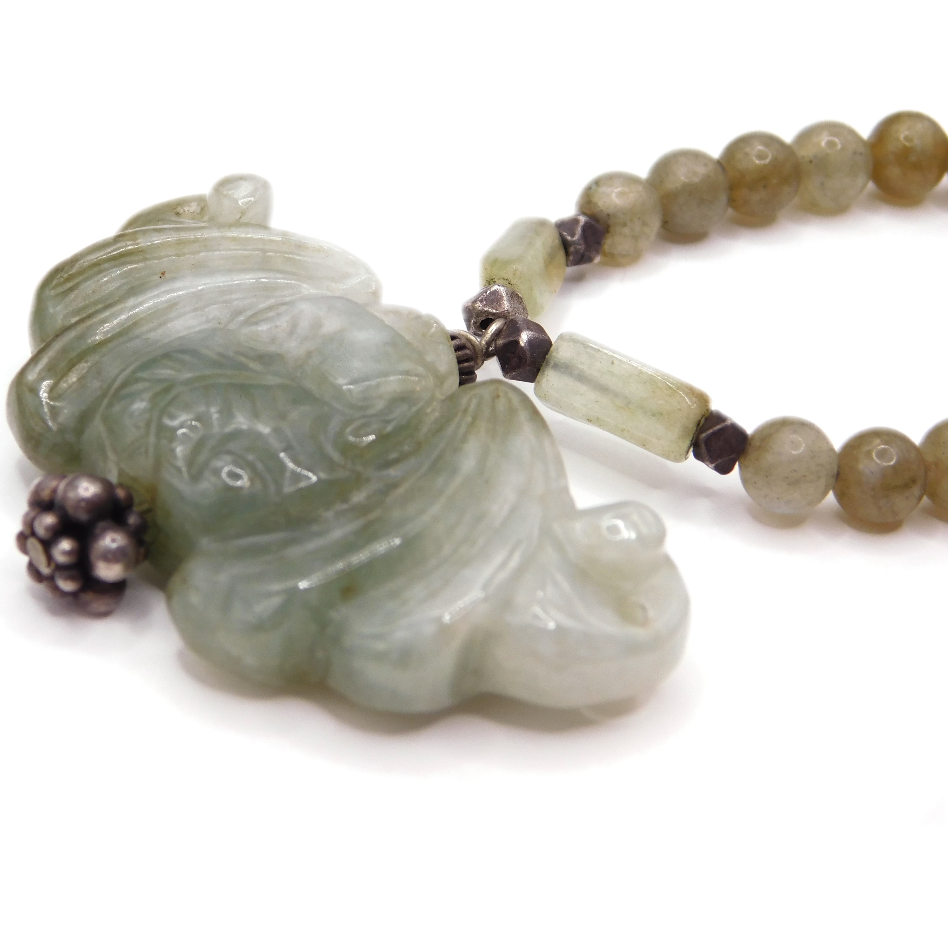 CARVED CELADON JADE PENDANT NECKLACE WITH LABRADORITE BEADS & STERLING SILVER