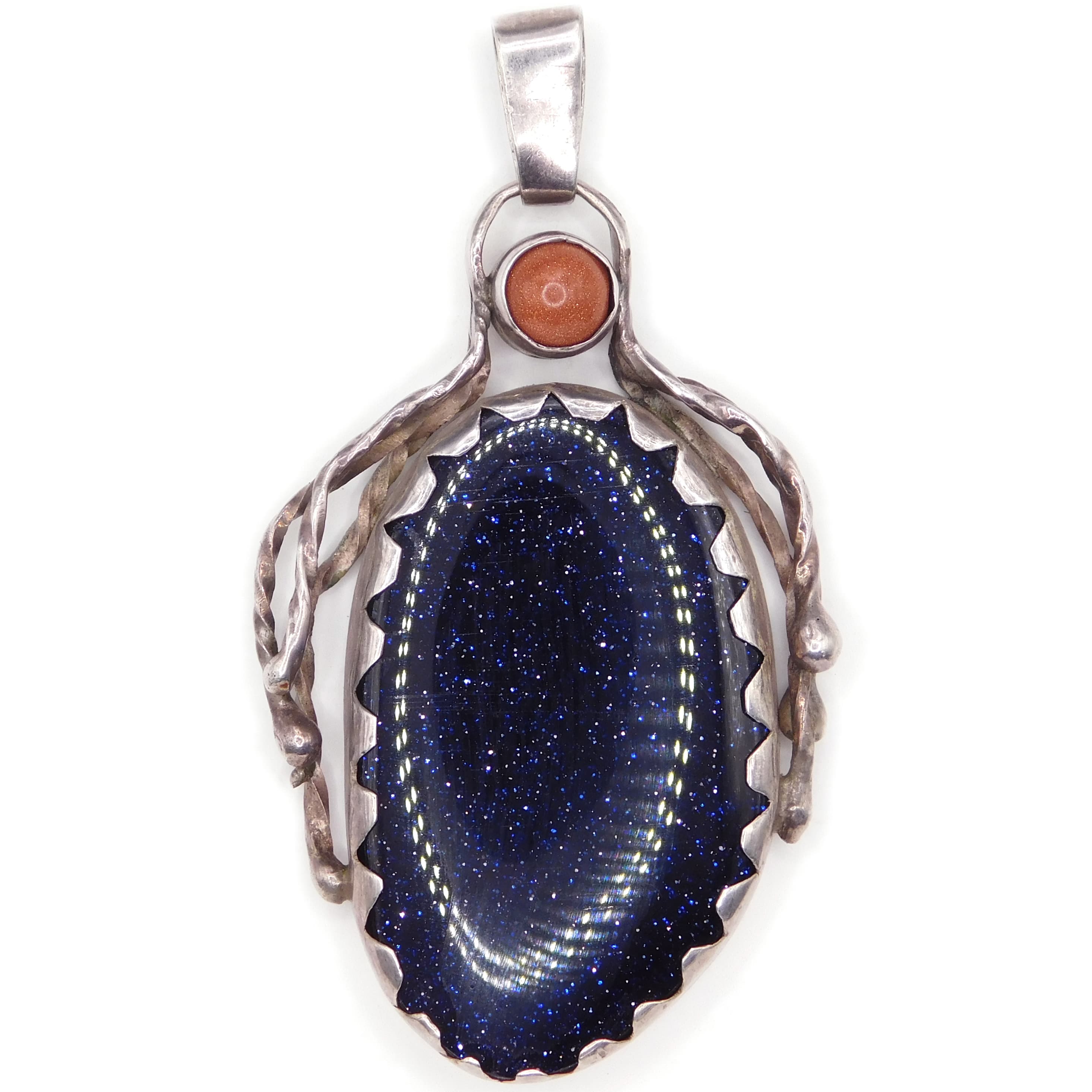 CELESTIAL PURPLE BLUE GOLDSTONE CORAL STERLING SILVER STATEMENT PENDANT